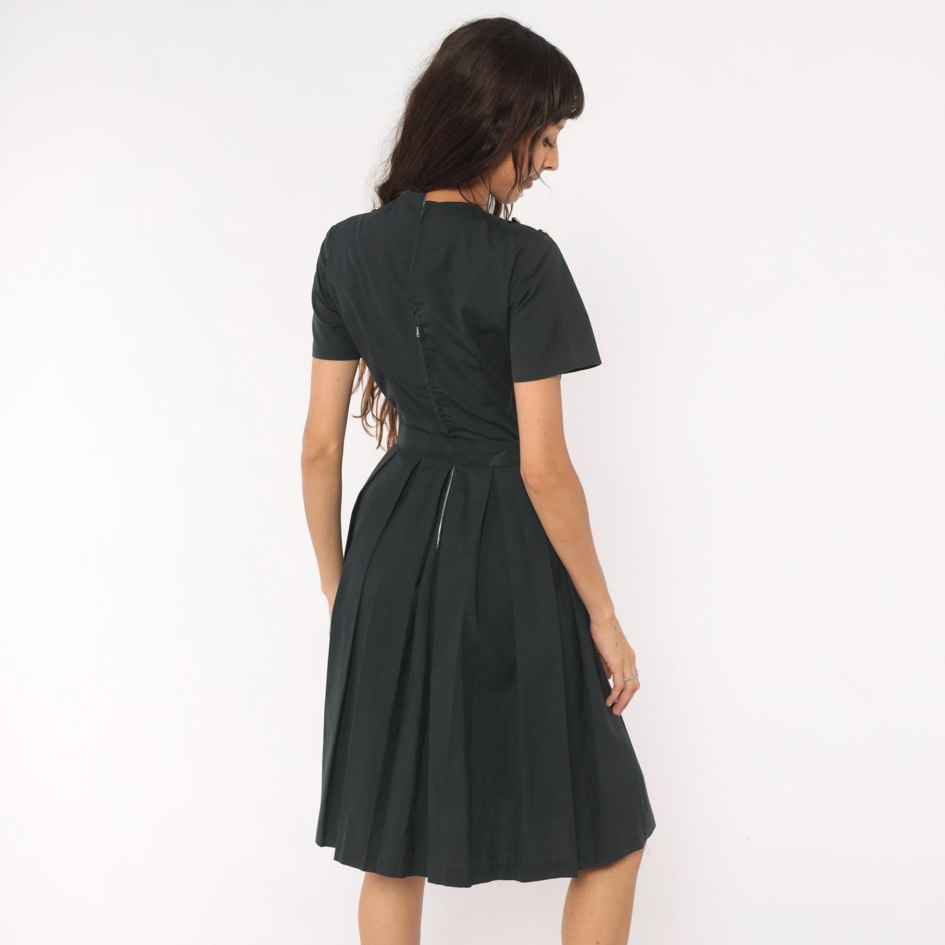 60s Charcoal Pleated A-Line Dress Gold Grommet Detail Cotton Small