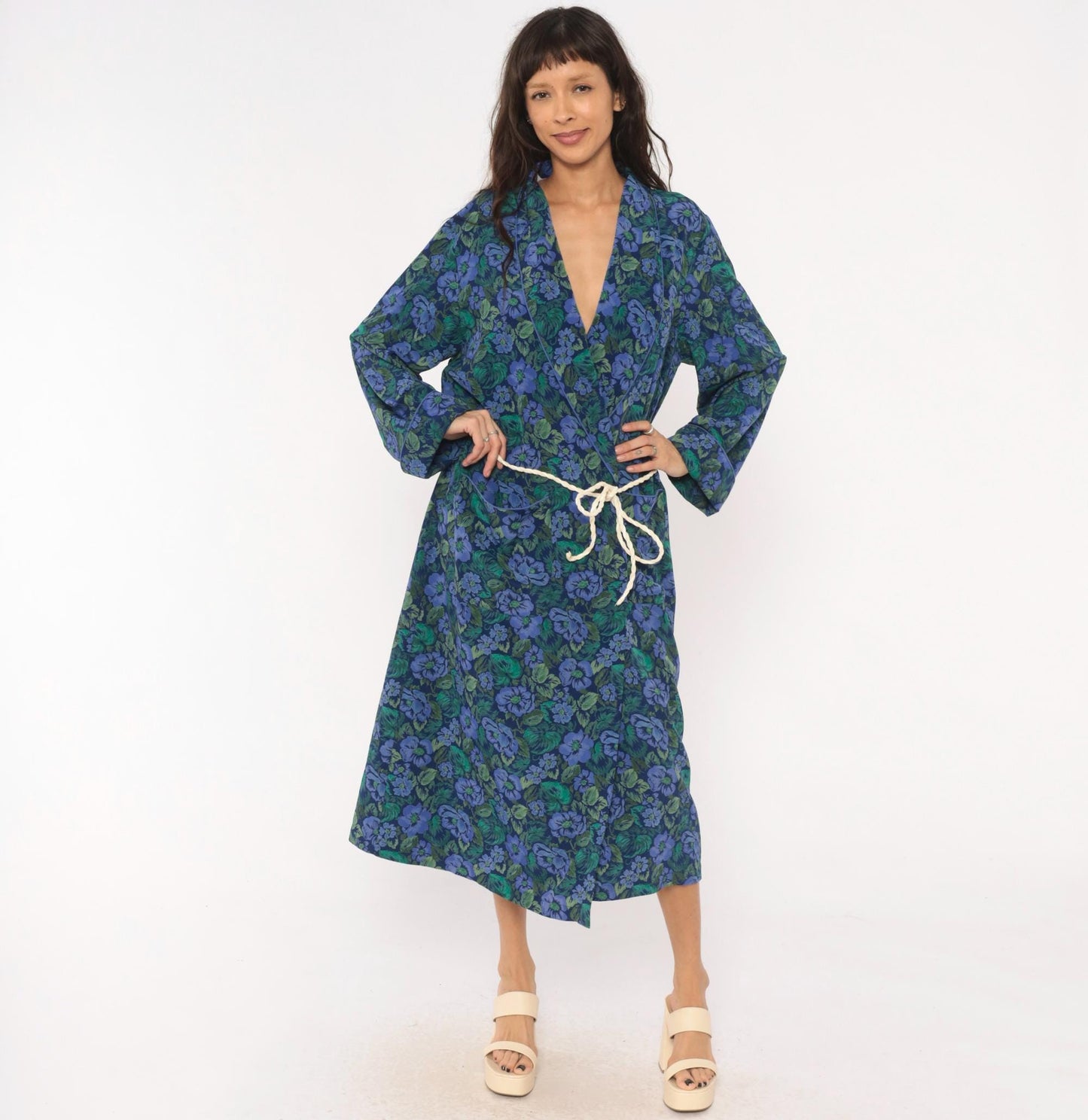 90s Cacique Floral Wrap Robe Periwinkle Navy Botanical Print Midi Large L