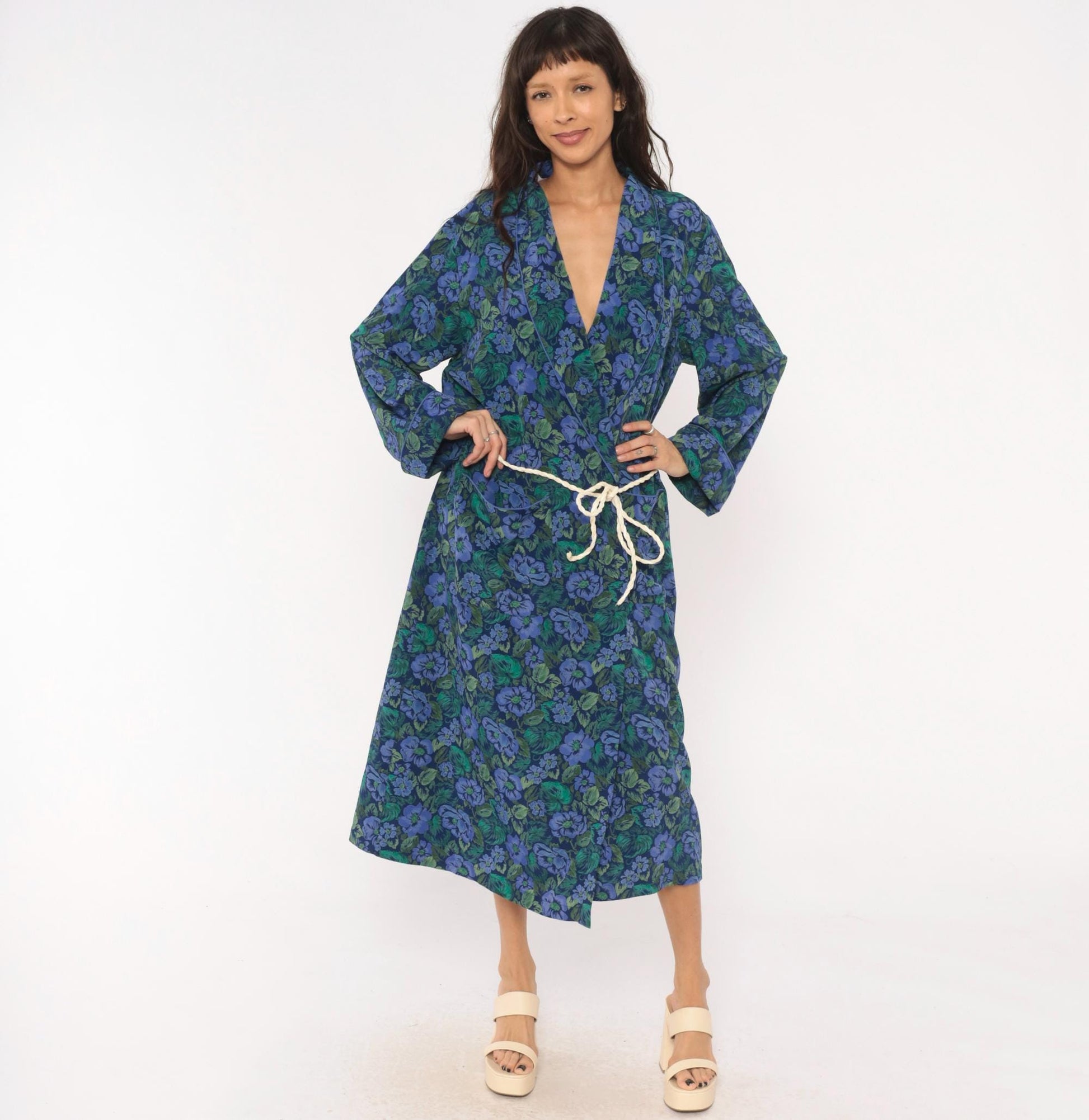 90s Cacique Floral Wrap Robe Periwinkle Navy Botanical Print Midi Large L