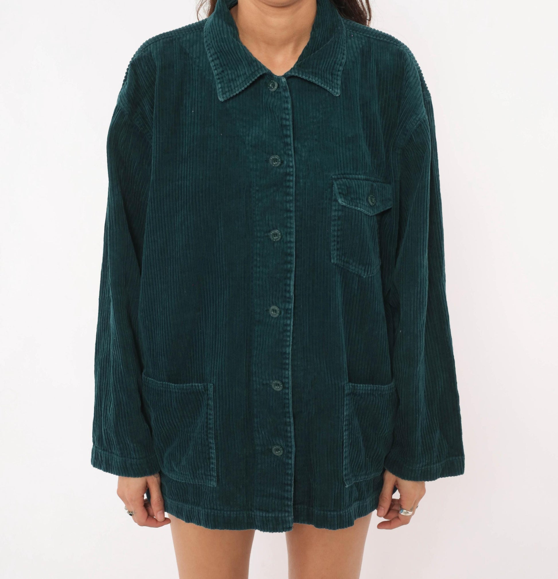 90s Teal Corduroy Shacket Wide Wale Button Front Shirt Jacket Large L