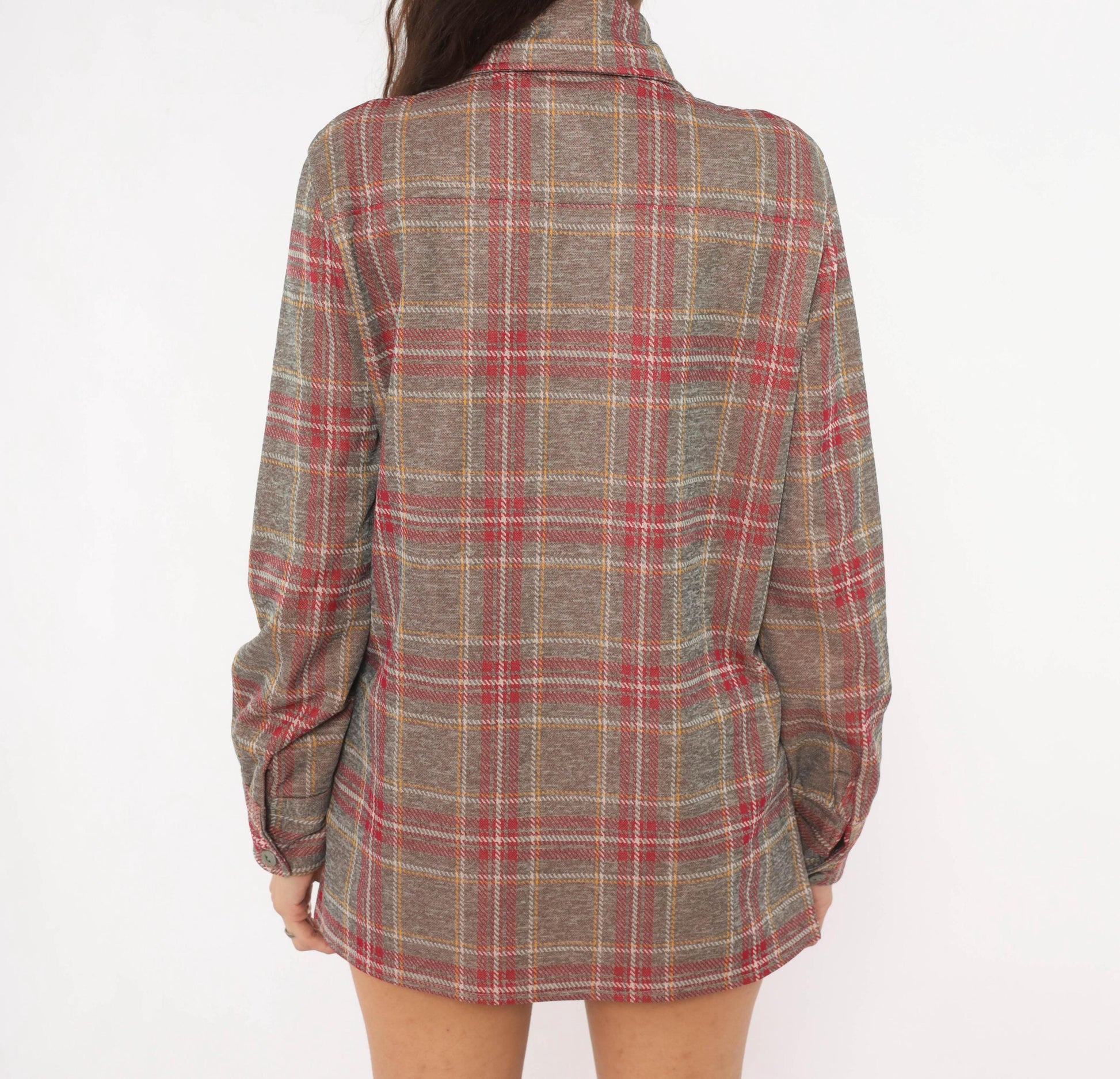70s Plaid Shirt Jacket Grey Red Pointed Collar Button Front Medium