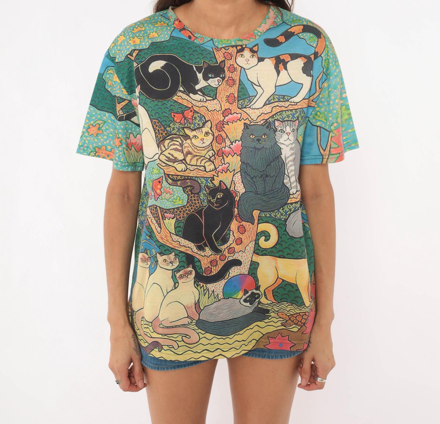 Y2K Cat Tree Tee All Over Print Graphic Multicolor Cats Illustration Medium M