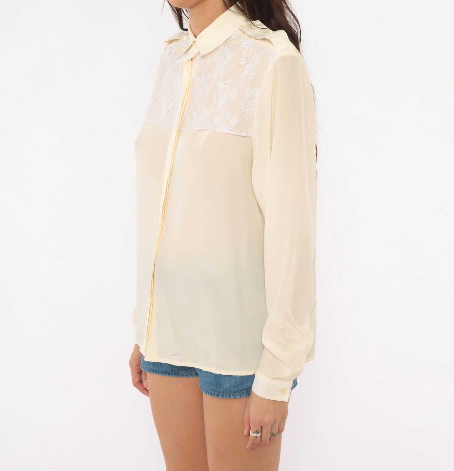 90s Oscar De La Renta Cream Lace Yoke Blouse Floral Embroidered Sheer Medium