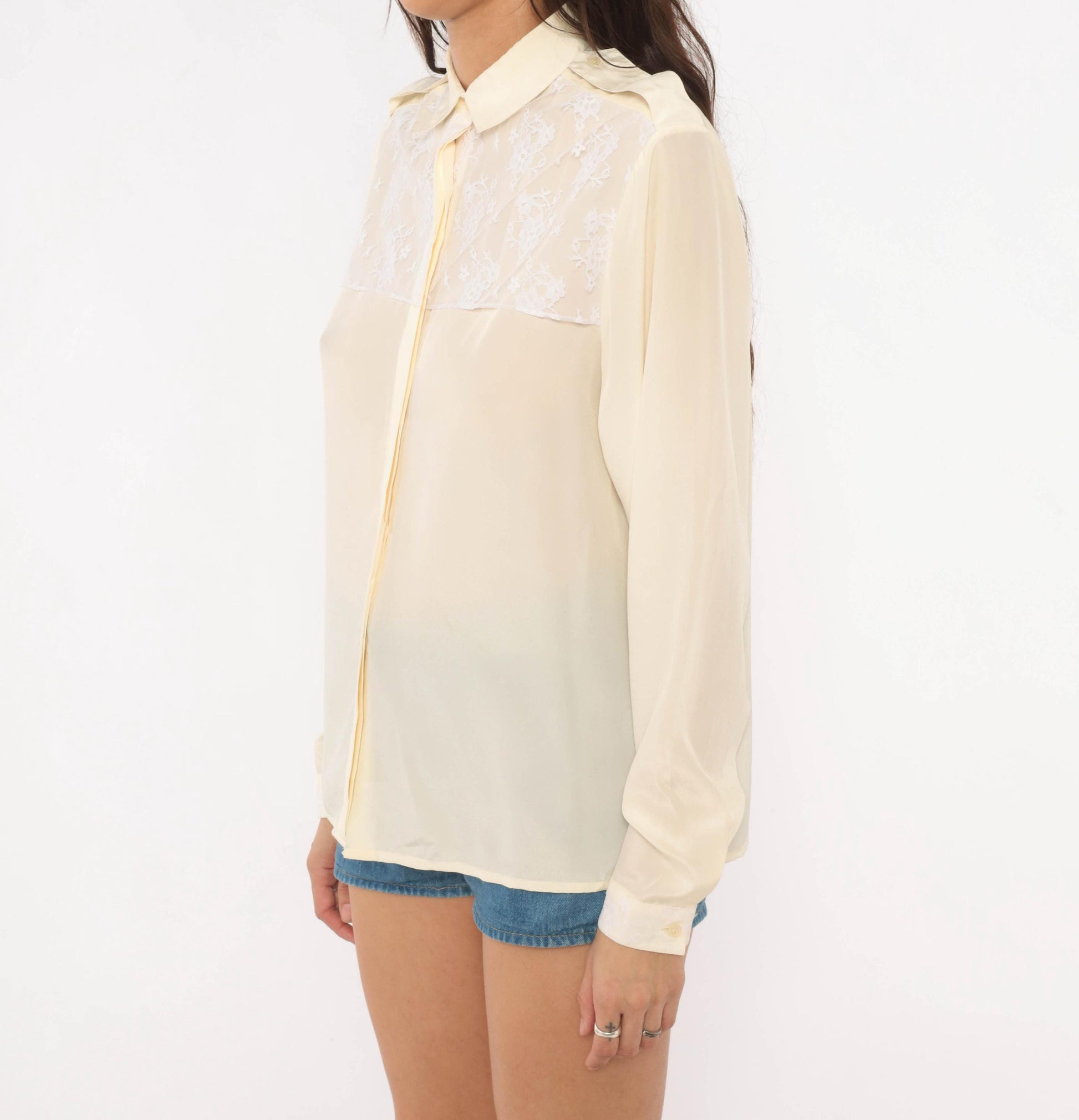 90s Oscar De La Renta Cream Lace Yoke Blouse Floral Embroidered Sheer Medium