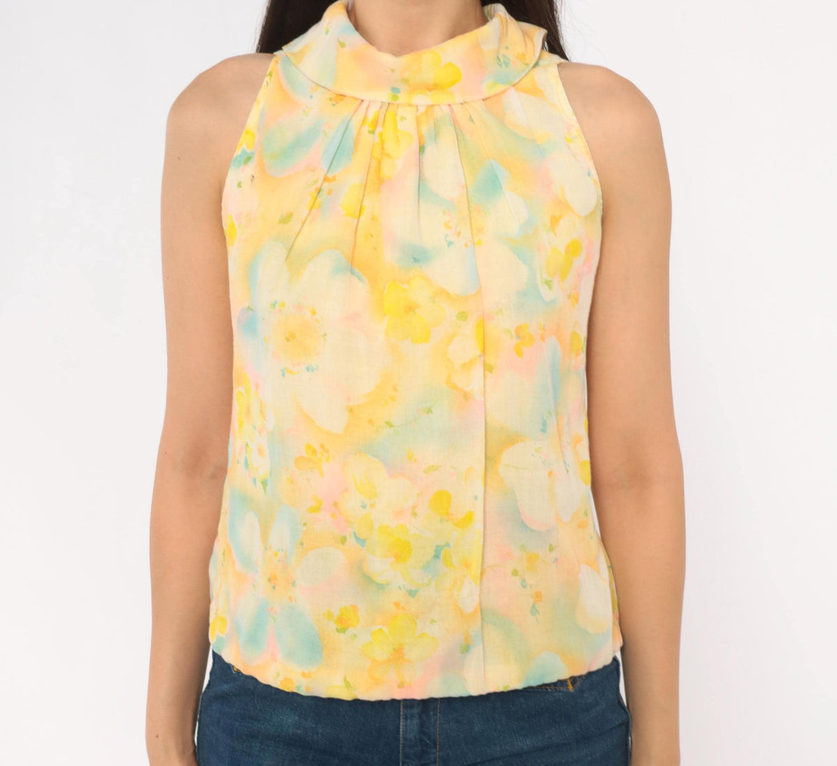 70s Watercolor Floral Sleeveless Blouse Yellow Pink Blue Cotton Mock Neck Extra Small