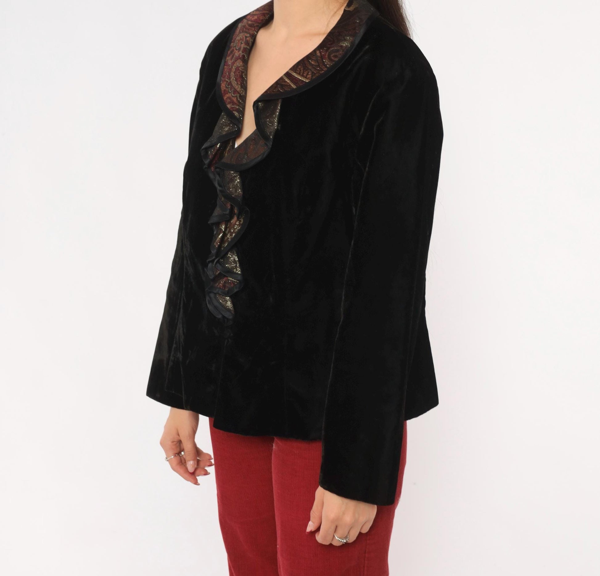 90s Patra Black Velvet Blazer Burgundy Gold Brocade Ruffle Collar Large L