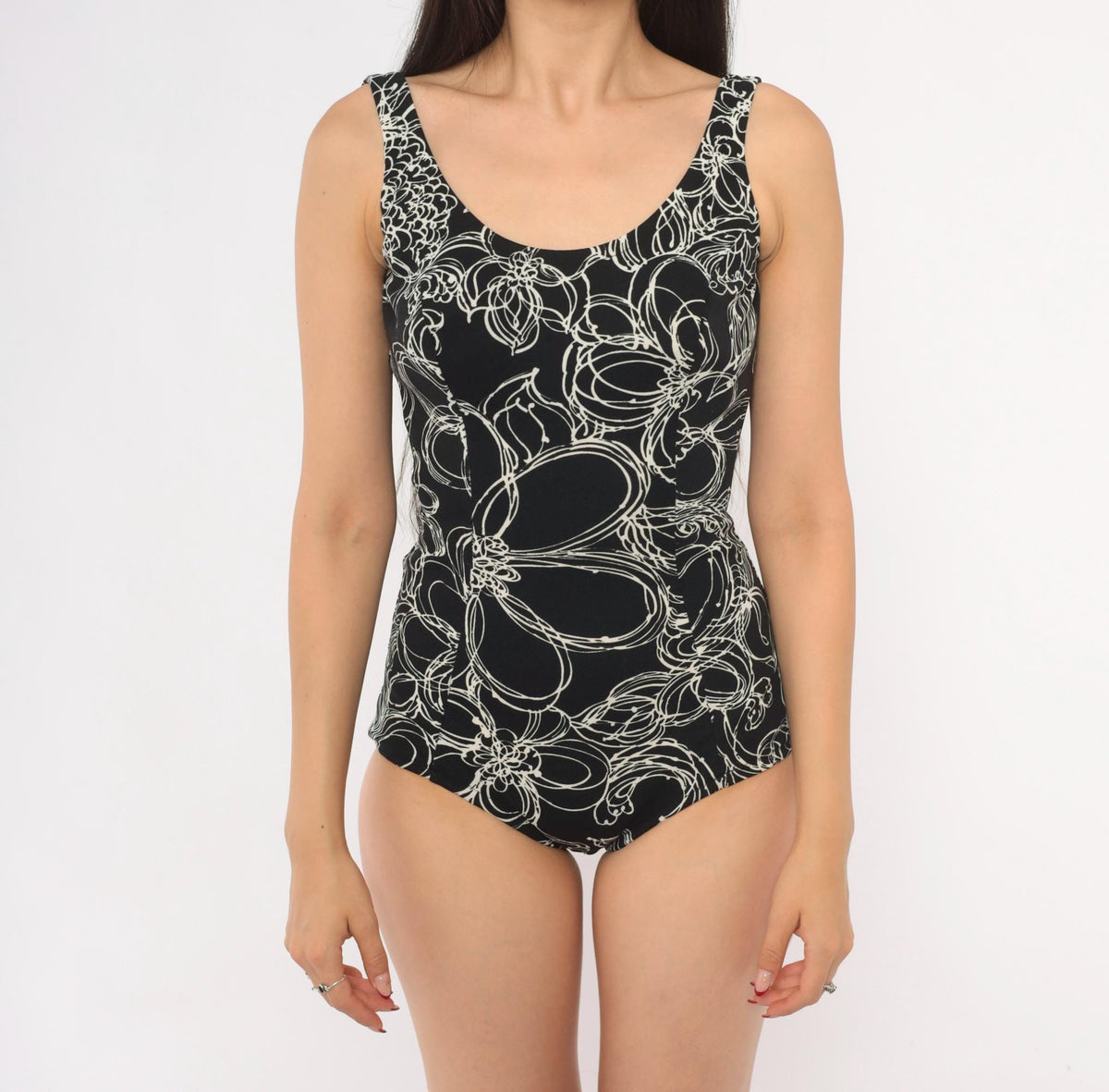 70s Black White Floral Abstract One Piece Swimsuit Low Back Small