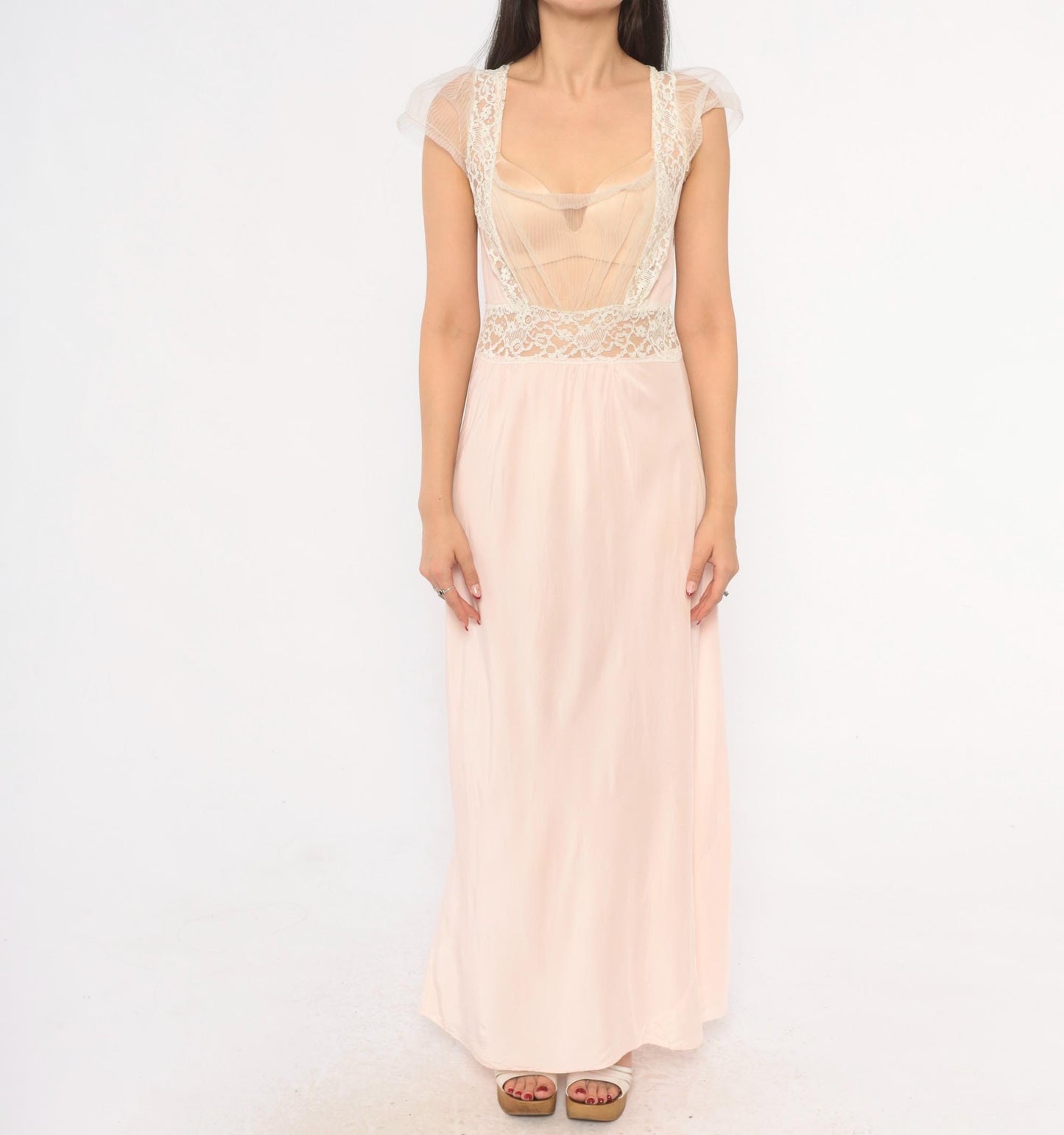 1950s Blush Pink Nylon Nightgown Maxi Slip Lace Trim Cap Sleeve Large L