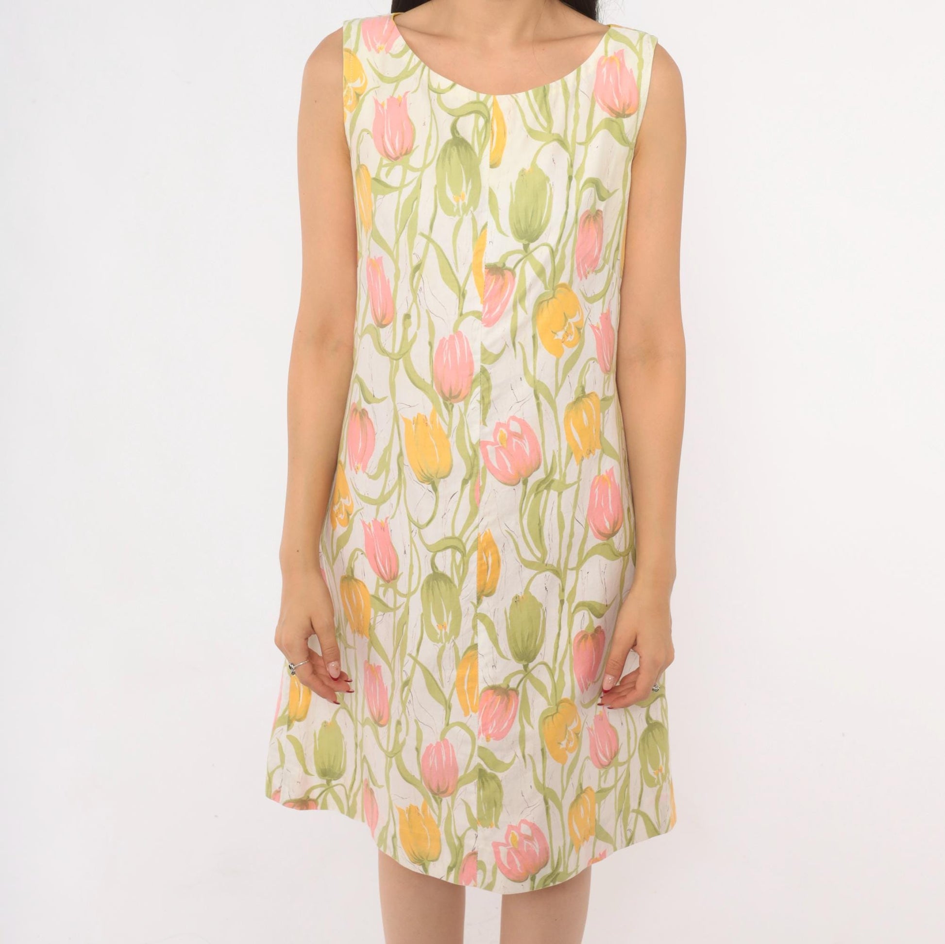 70s Tulip Print Shift Dress Sleeveless A-Line Scoop Neck Cotton Small