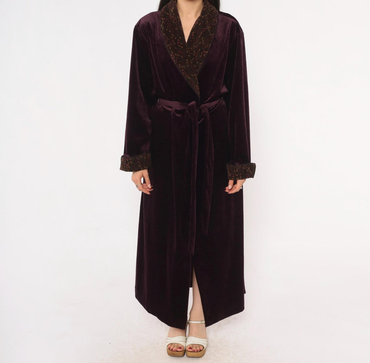90s Plum Velvet Robe Shawl Collar Paisley Satin Lined Maxi Medium M