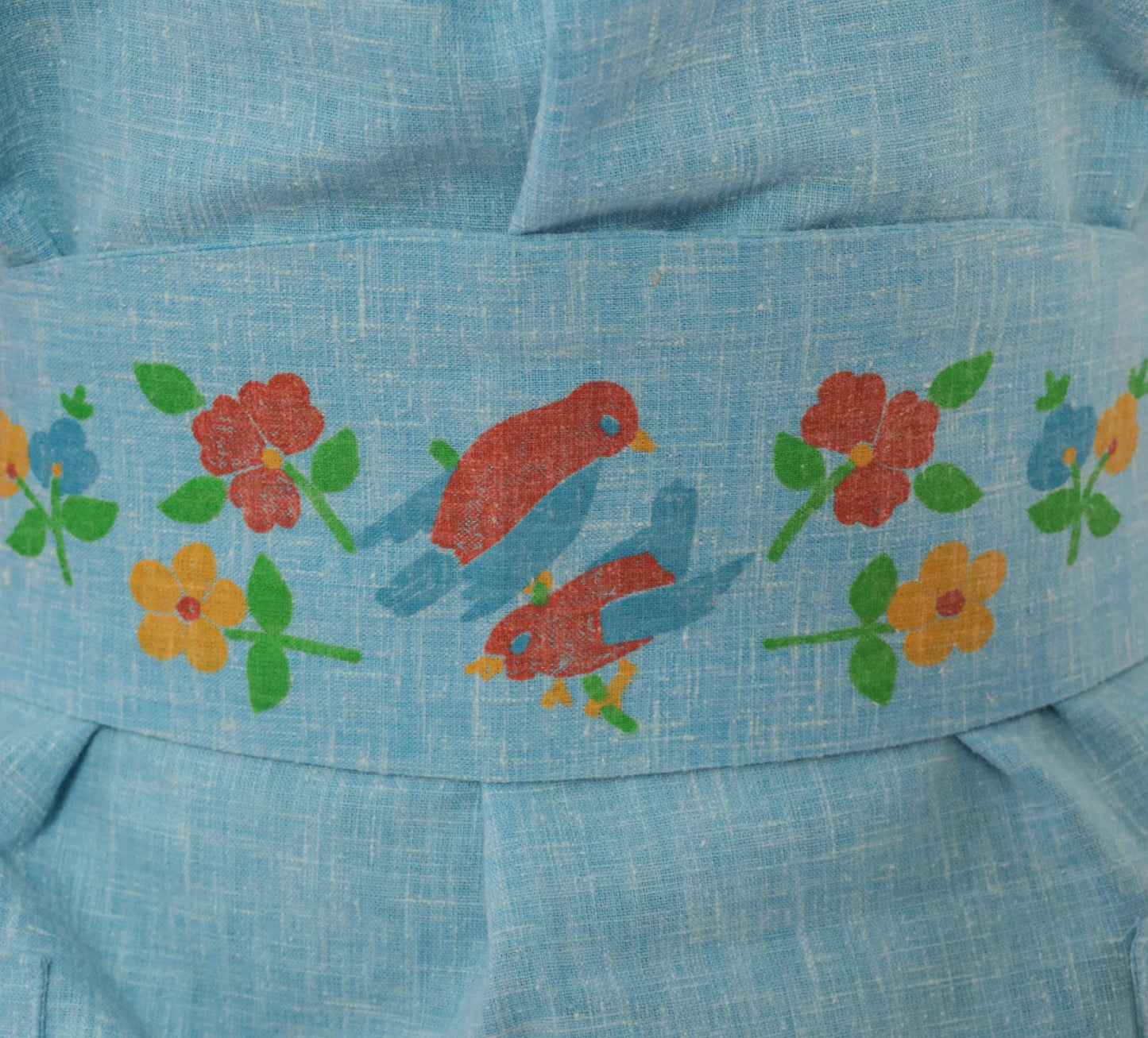 70s Sky Blue Cotton Dress Square Neck Puff Sleeve Bird Floral Print Small