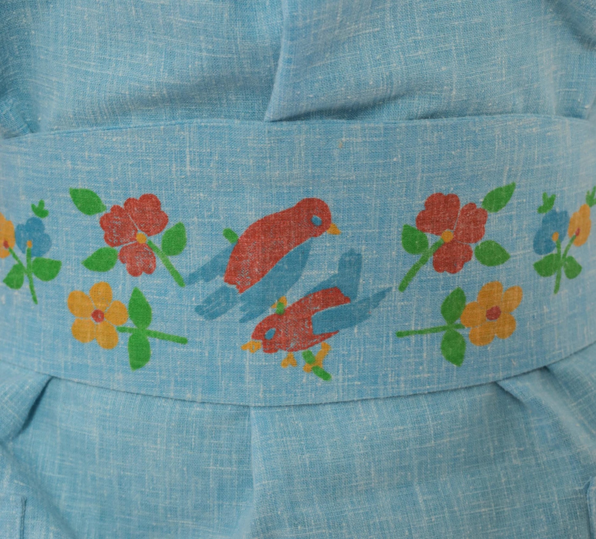 70s Sky Blue Cotton Dress Square Neck Puff Sleeve Bird Floral Print Small