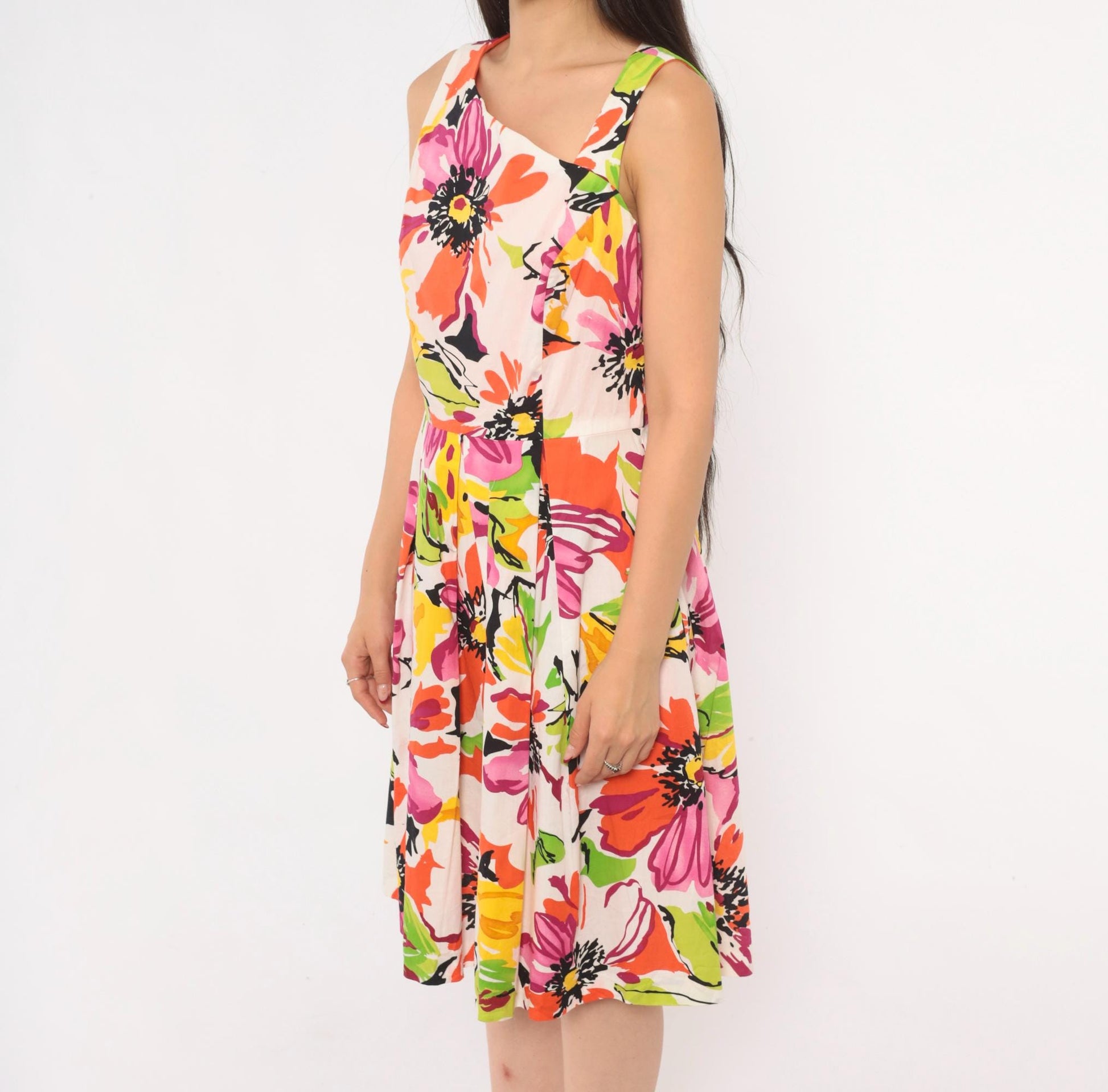 2000s R & K Originals Floral Sundress Asymmetric Neckline Pleated Knee-Length Medium M