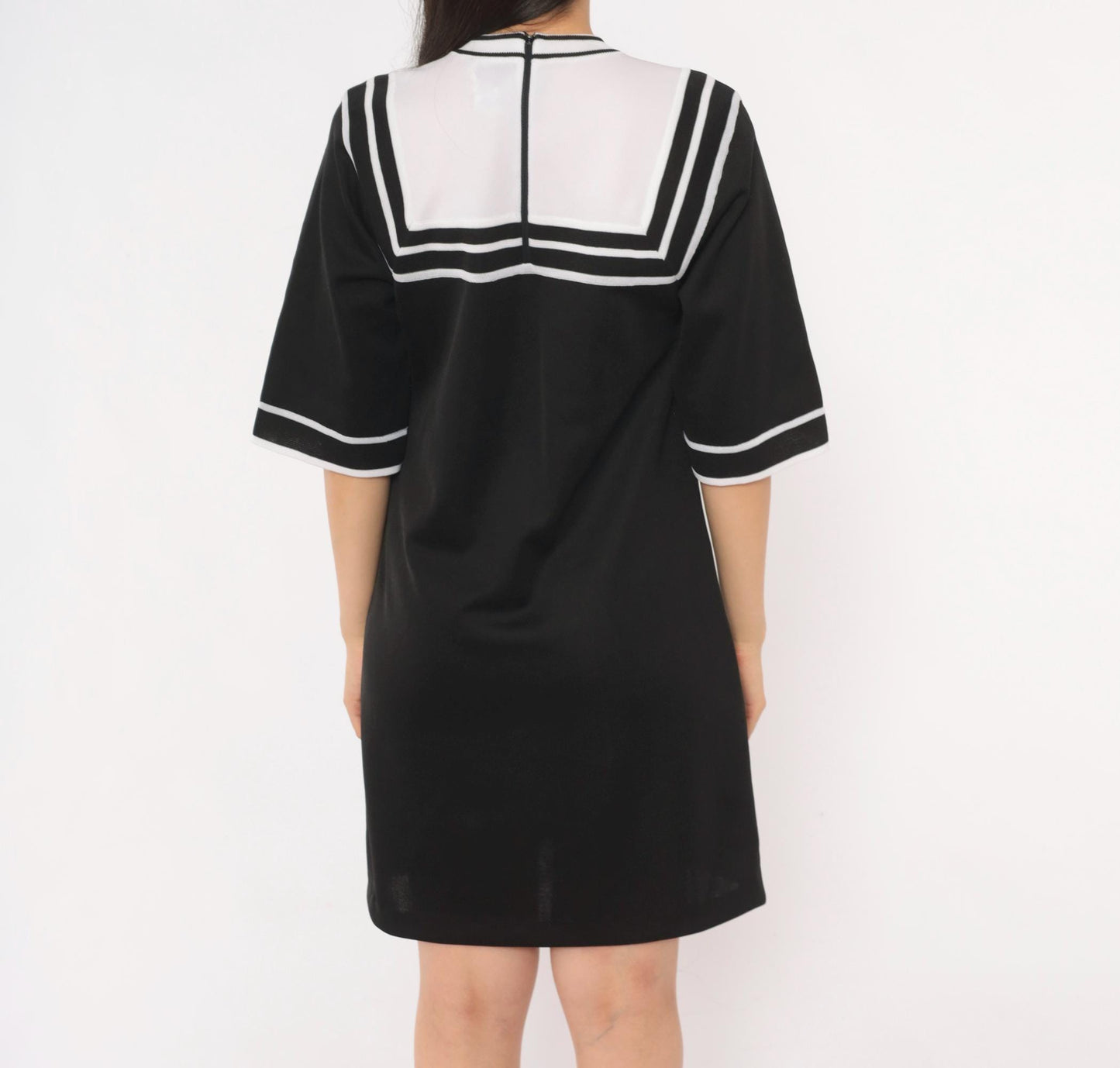 70s Roncelli Sailor Collar Knit Shift Dress Black White Mini Small