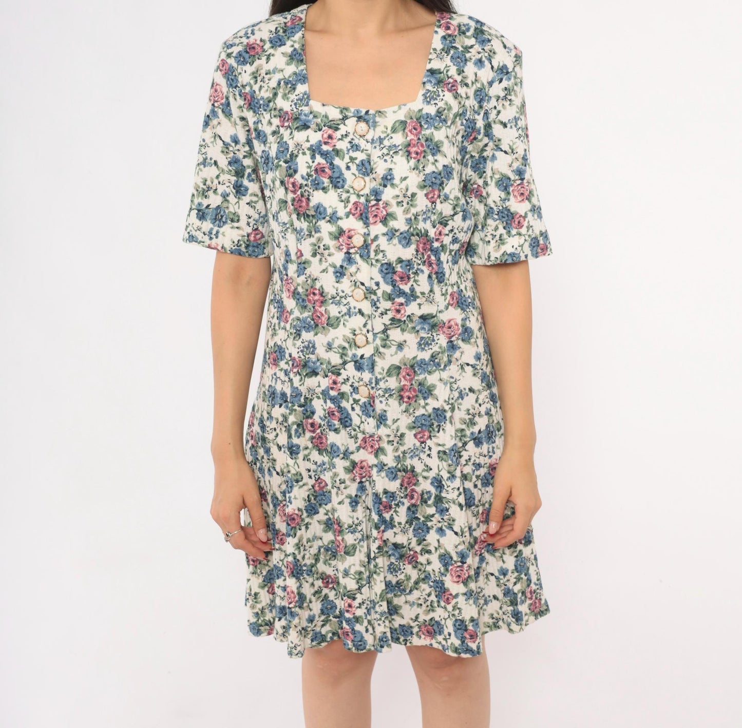 90s Floral Button Front Romper Square Neck Blue Pink Rose Ivory Medium M