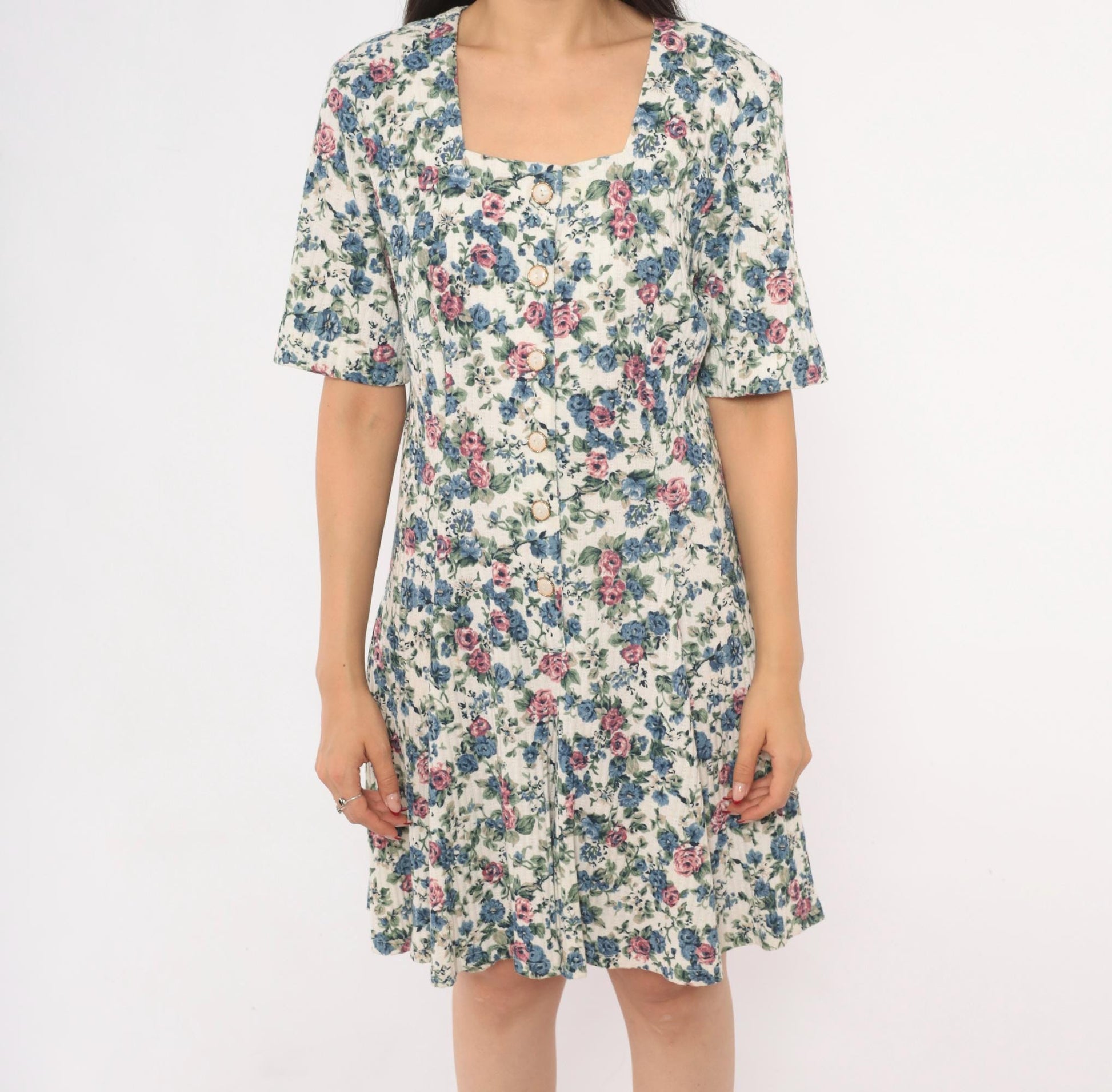 90s Floral Button Front Romper Square Neck Blue Pink Rose Ivory Medium M
