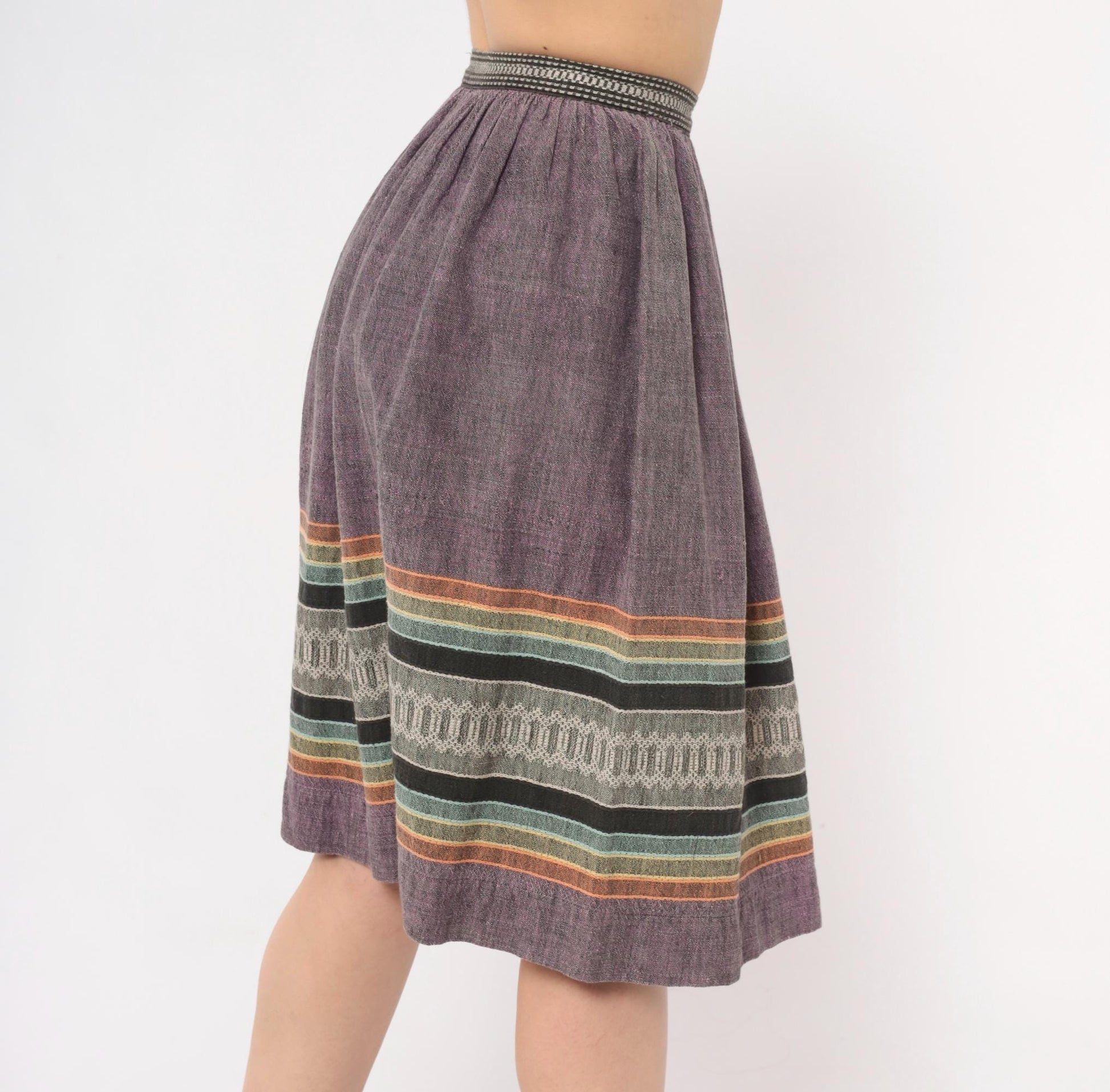 1980s Purple Woven Stripe Knee Skirt Cotton Linen Gathered Waist XS