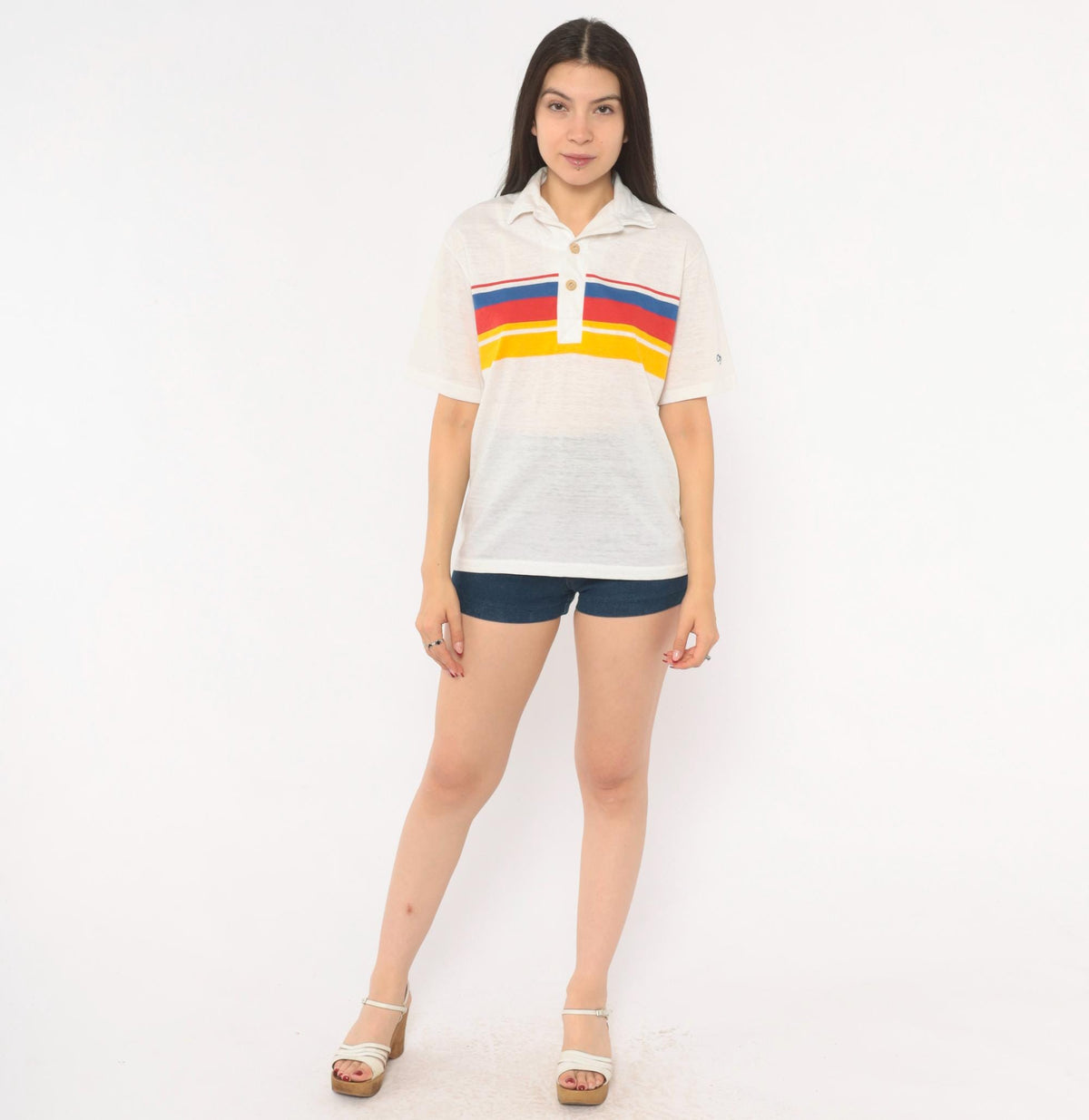 80s Ocean Pacific Polo Striped Chest Band Cotton Surf Collared Tee Small S