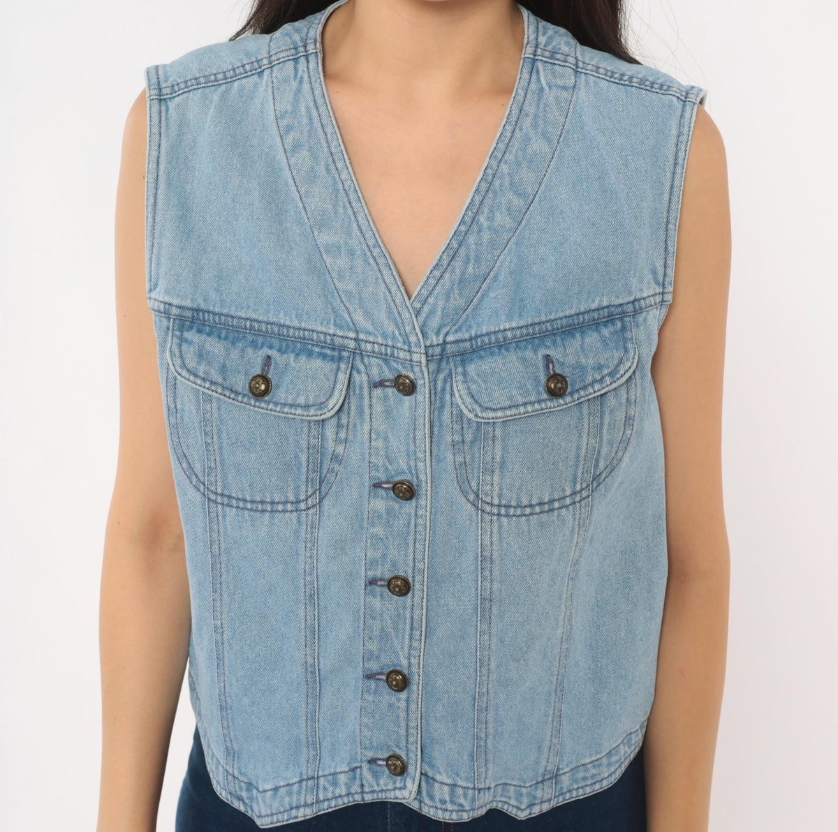 90s Light Blue Denim Vest Cotton Button Front Cropped Medium M