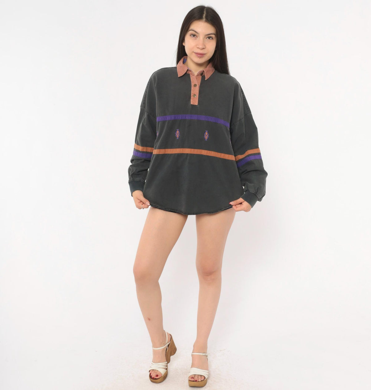 90s Roper Southwestern Rugby Polo Grey Purple Stripe Embroidered Medium M