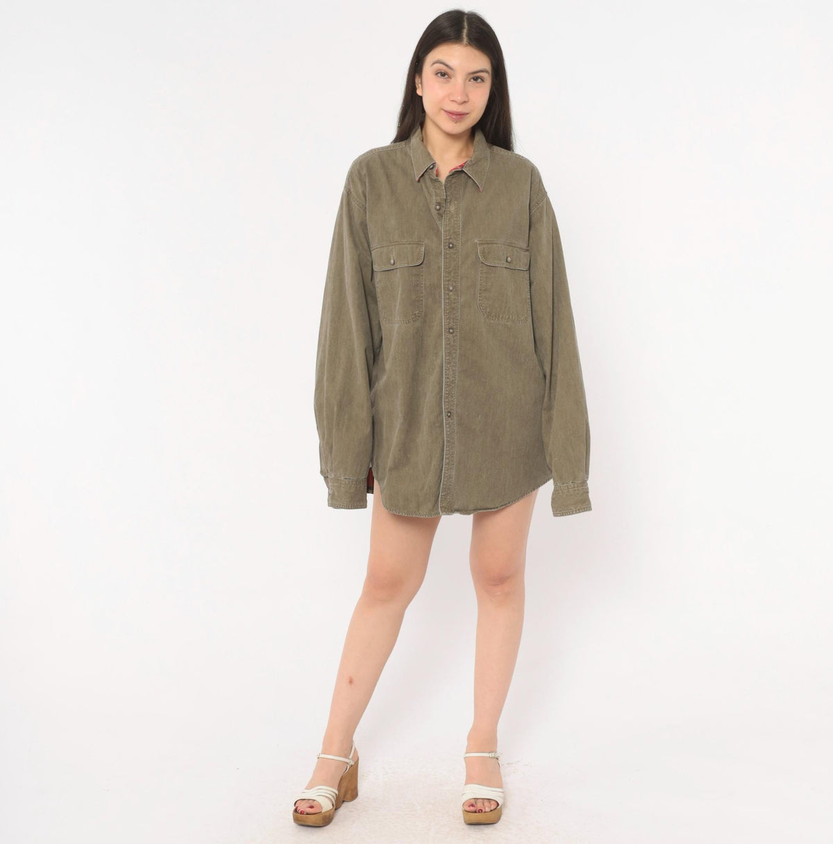 90s L.L.Bean Flannel Lined Work Shirt Olive Denim Cotton Button Front Extra Large XL