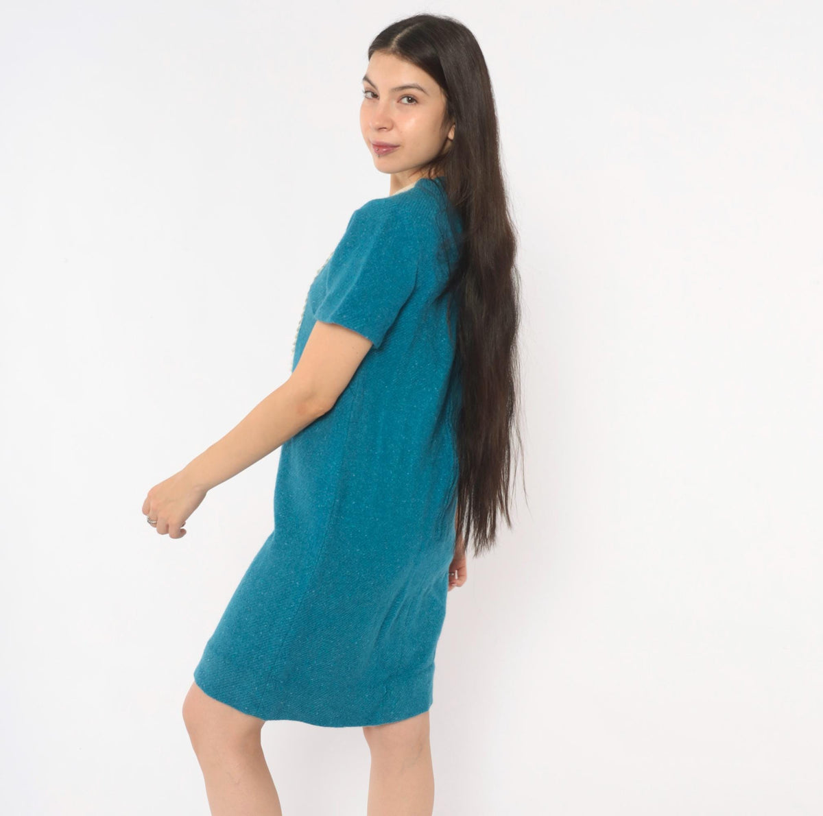 1960s Teal Wool Shift Dress Cream Bib Panel Lace Trim Knee Length Small