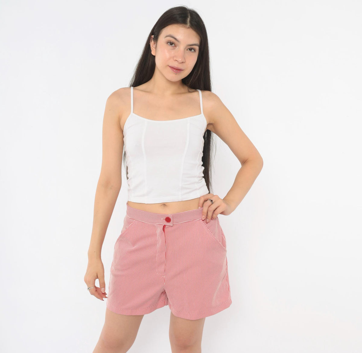 70s Red White Striped Seersucker Shorts High Waisted Button Front Medium M