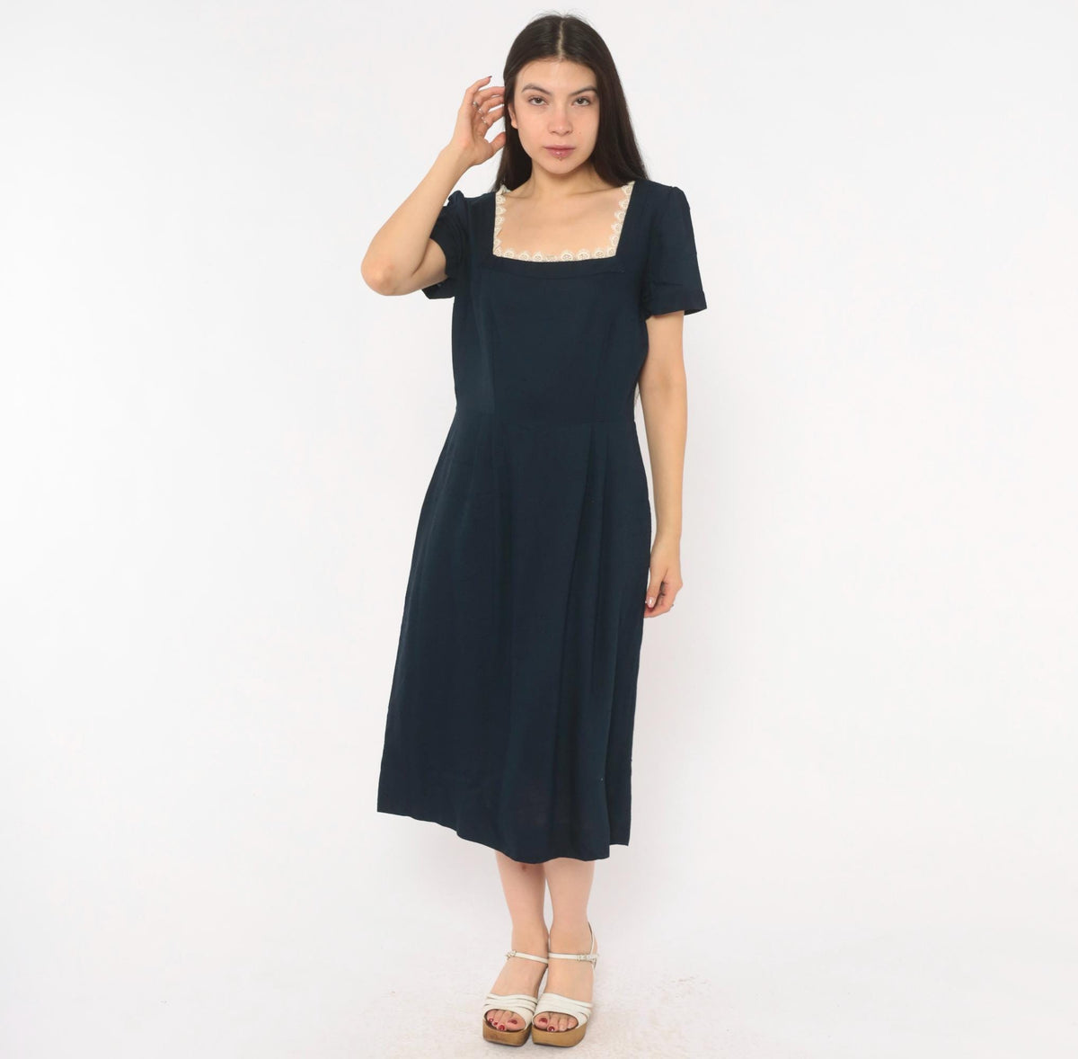 60s Navy Dress Square Neck Lace Trim A-Line Short Sleeve Side Zip Medium M