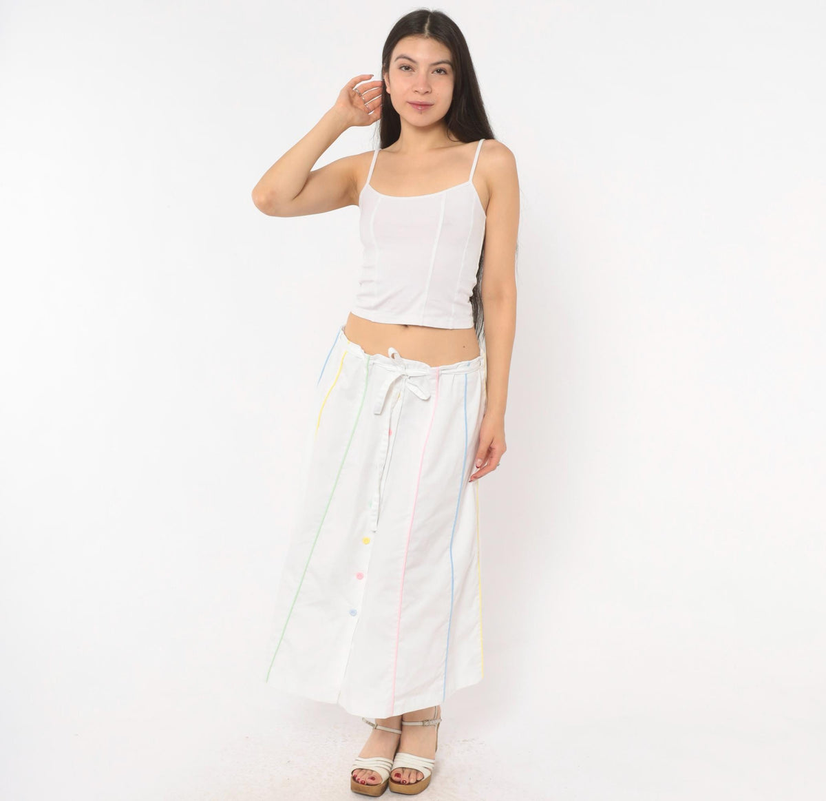 80s Sanibel White Cotton A-Line Midi Skirt Pastel Rainbow Button Front Medium