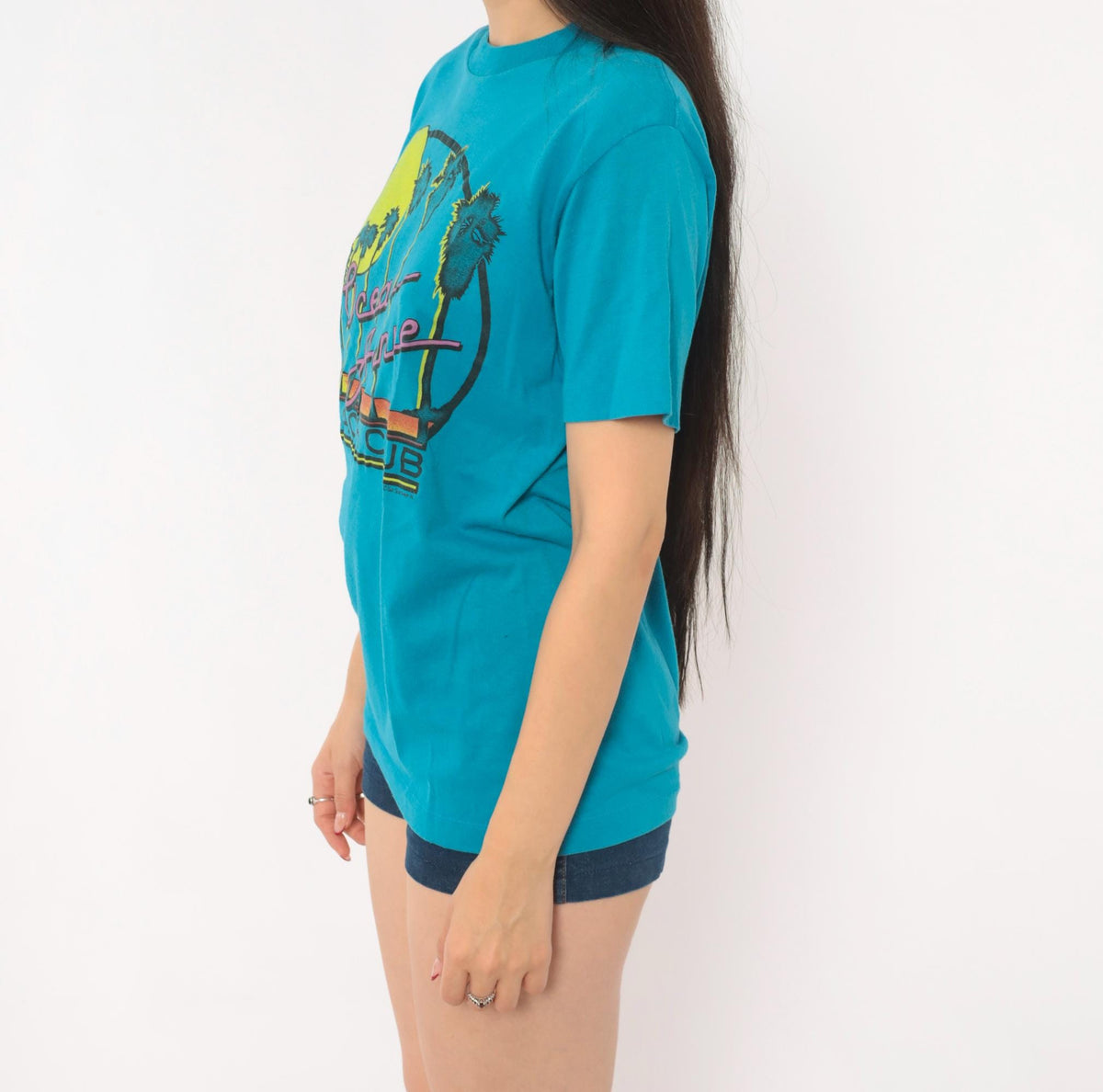 80s Chemise D'Sol Ocean Avenue Beach Club Teal Graphic Tee Palm Tree Sunset Small