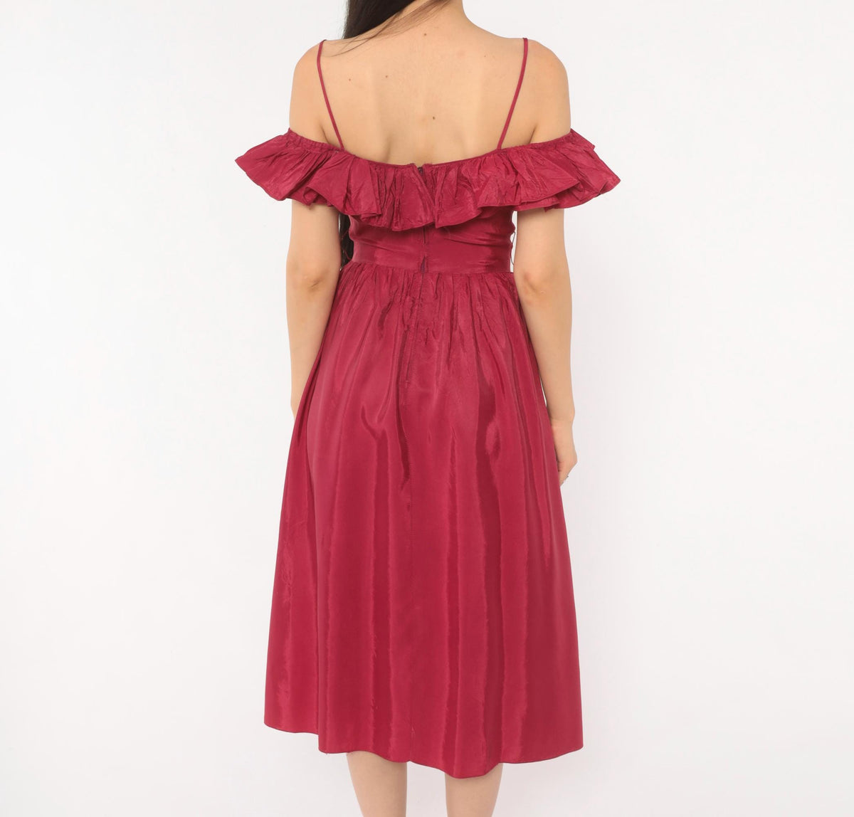 80s Raspberry Off-Shoulder Midi Dress Ruffle Gathered Skirt Extra Small