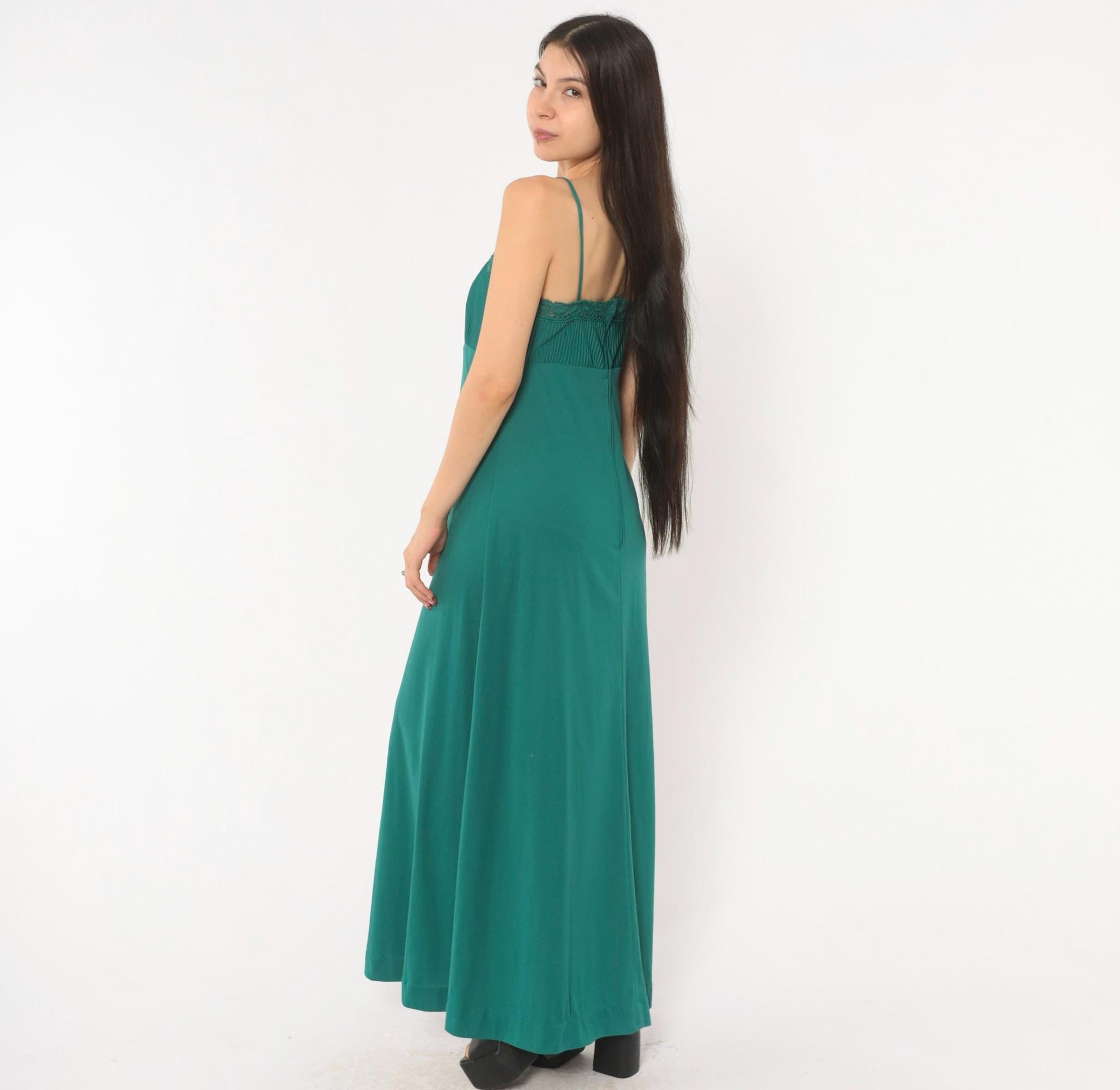 70s Teal Crochet Lace Maxi Dress Empire Waist Spaghetti Strap Extra Small