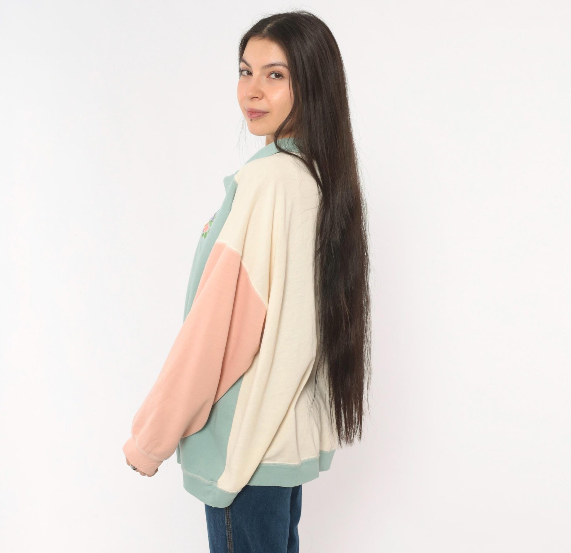 80s Ys Casuals Pastel Color Block Polo Sweatshirt Floral Embroidered Extra Large XL