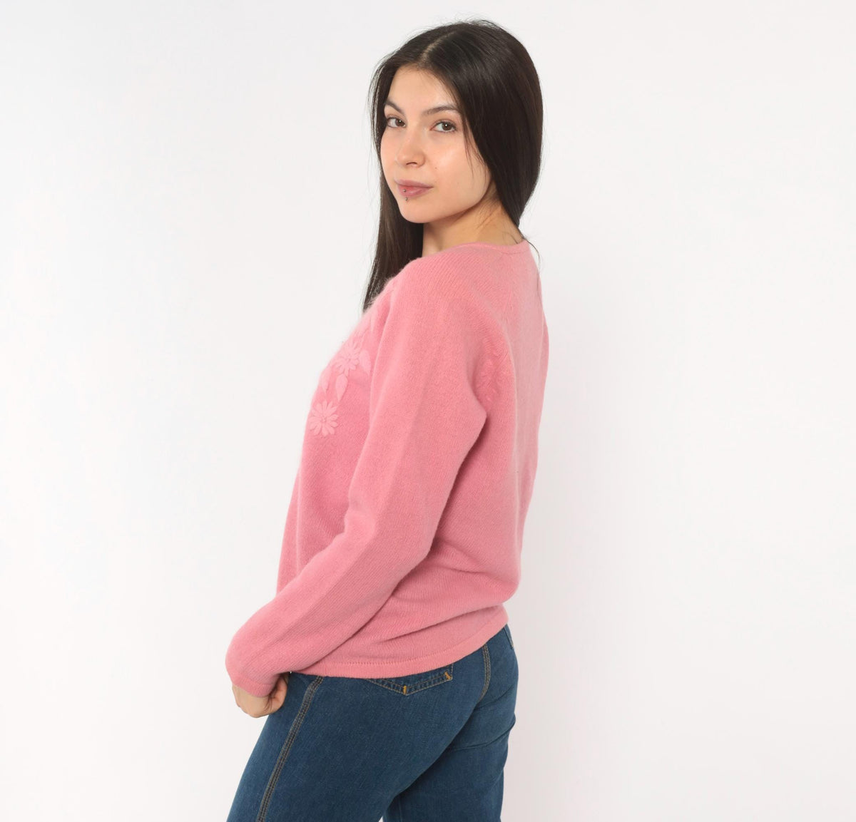 80s NKKC Rose Pink Lambswool Cardigan Floral Embroidered V-Neck Medium M
