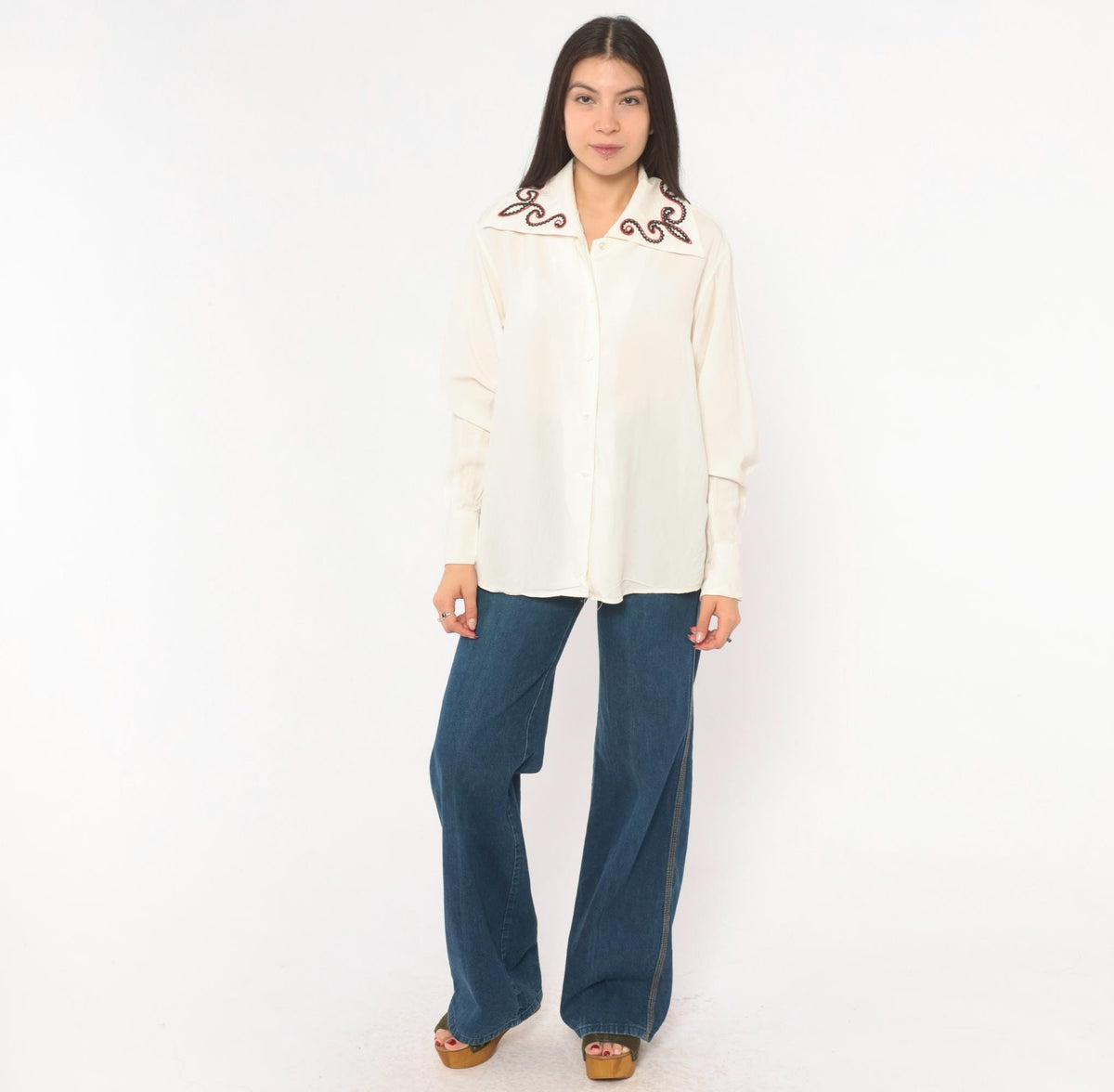 80s Bellows Brut Cream Western Blouse Red Black Embroidered Collar Medium M