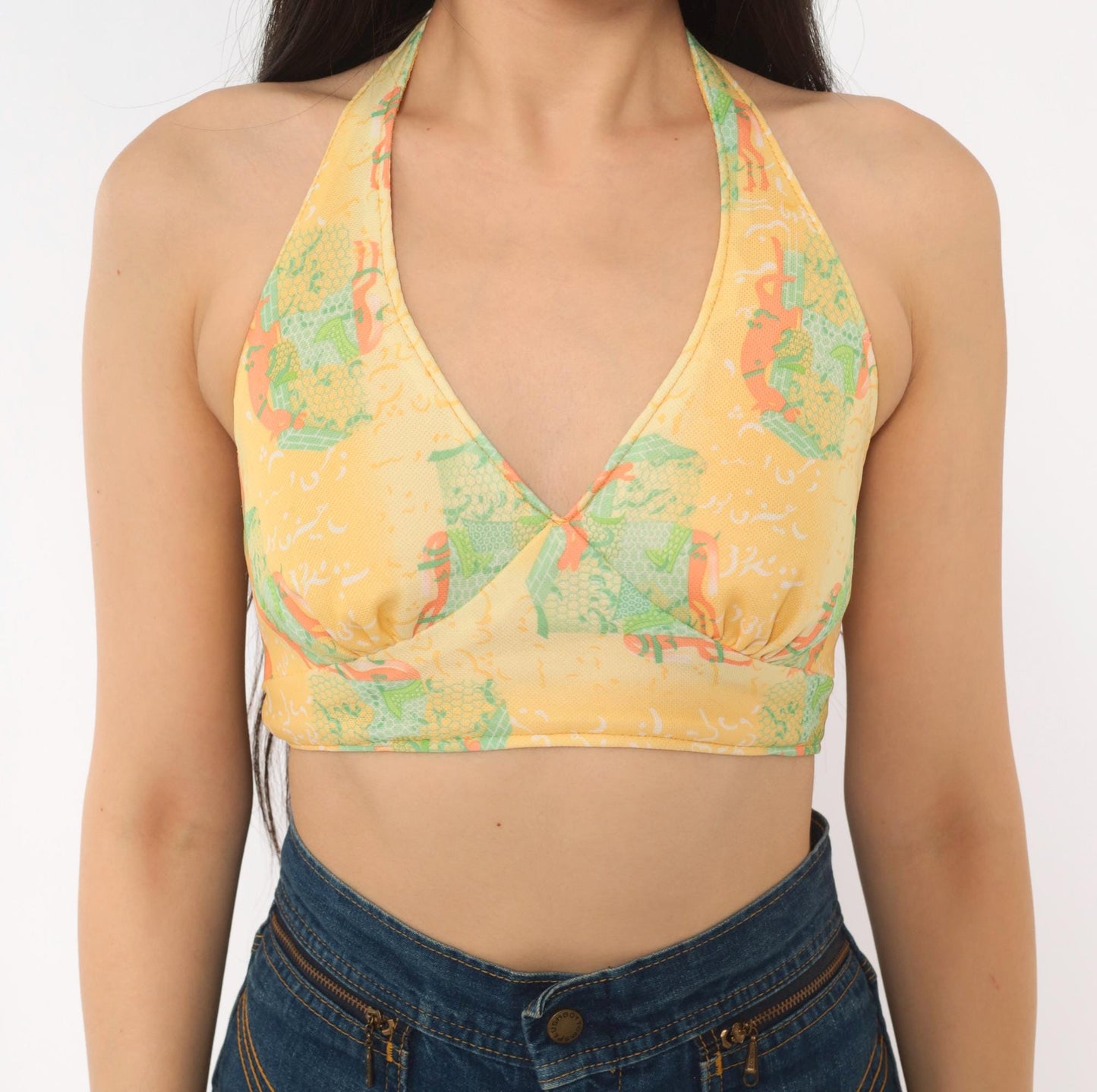70s Yellow Floral Halter Crop Top Backless Tie Blouse Small
