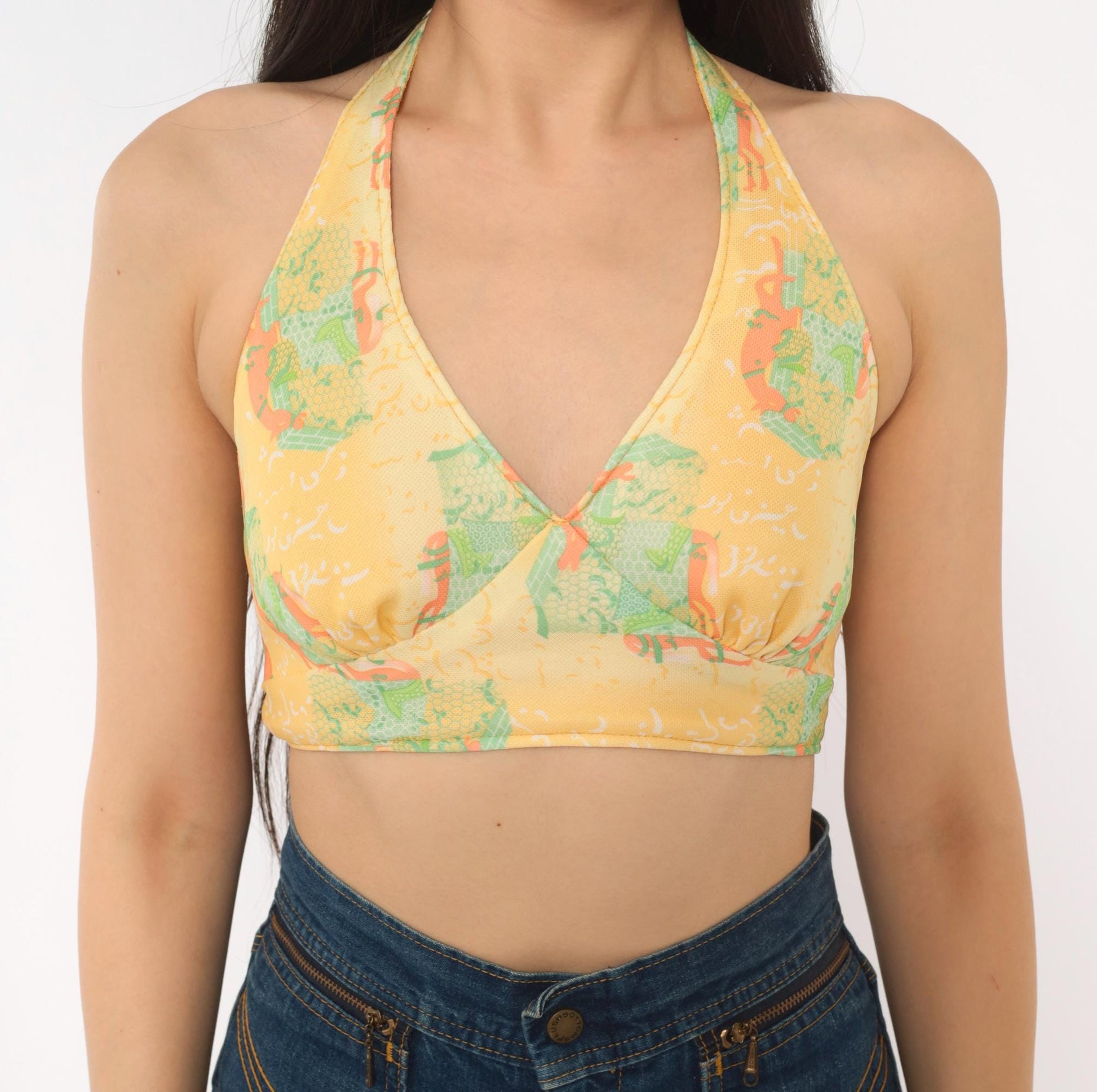 70s Yellow Floral Halter Crop Top Backless Tie Blouse Small