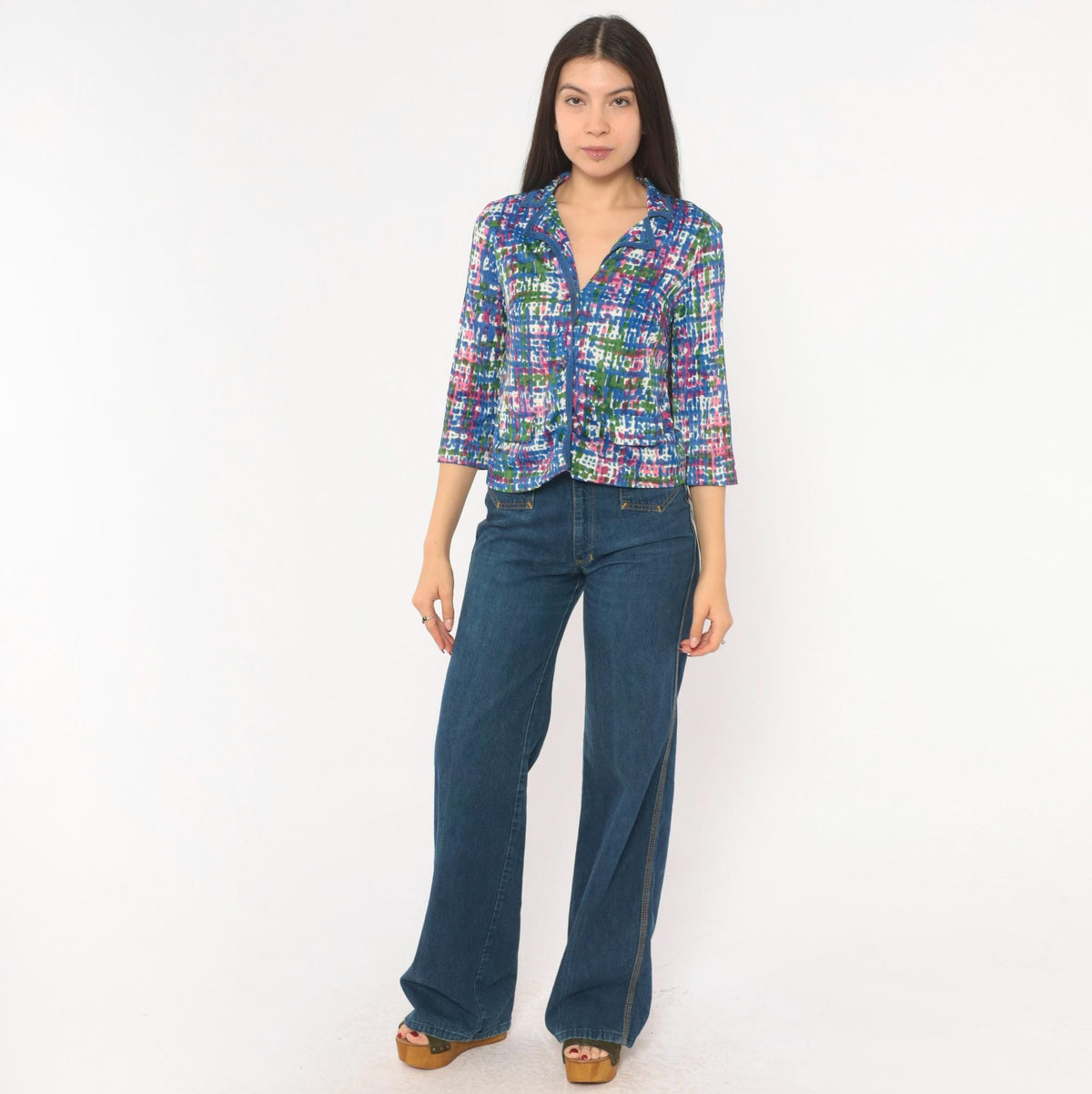 70s Puritan Forever Yours Abstract Crosshatch Blouse Blue Pink Green Small