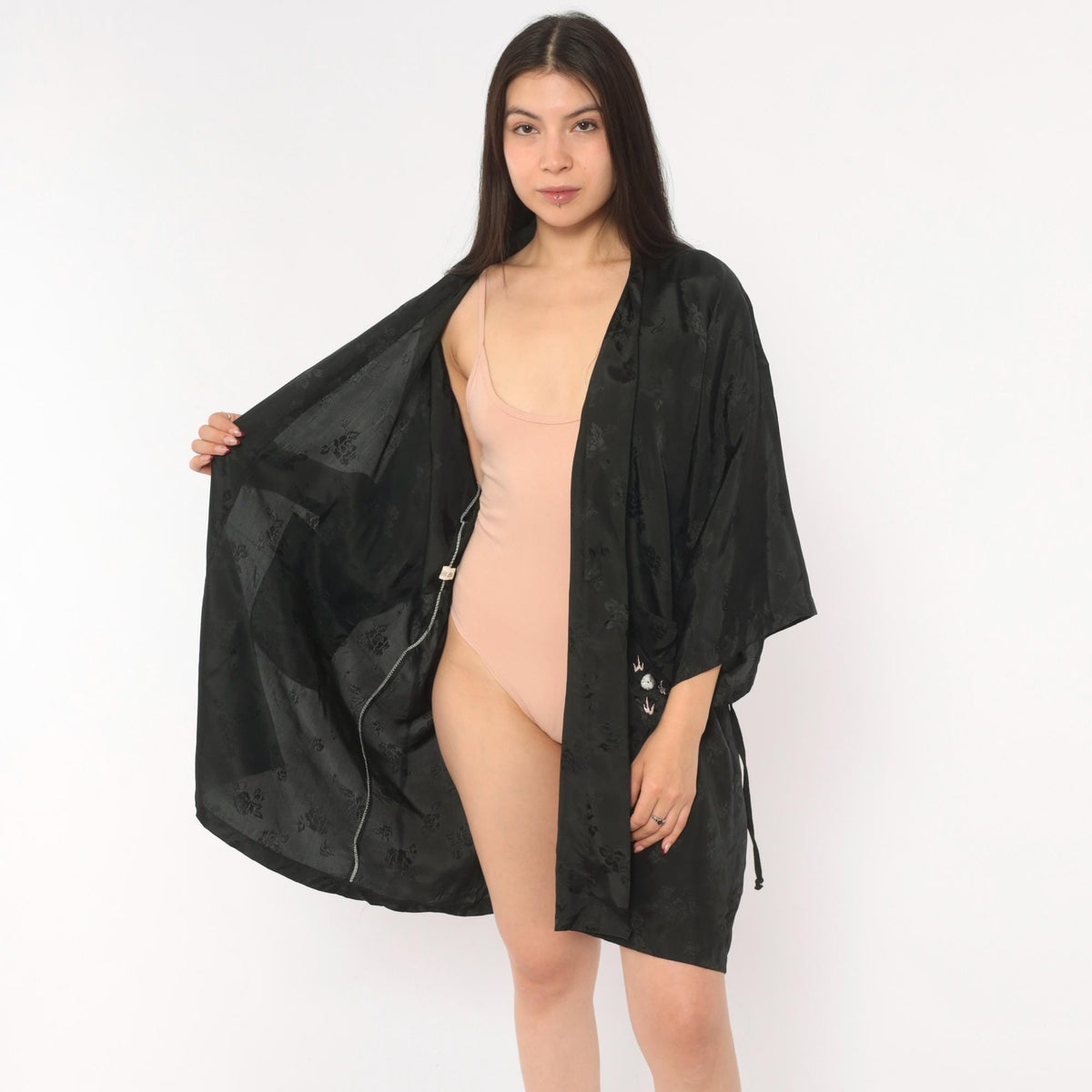 90s Golden Bee Black Satin Kimono Robe Dragon Embroidered Medium M
