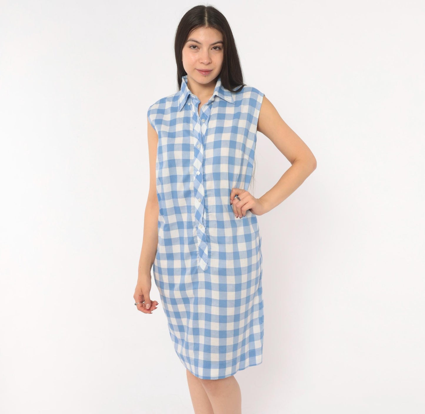 60s Laura Mae Life Gingham Shirt Dress Blue White Check Knee-Length Cotton Medium M