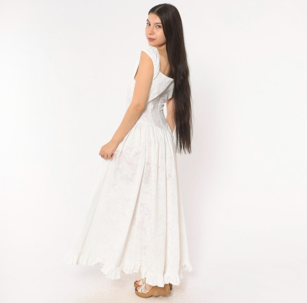 80s White Cotton Maxi Dress Sweetheart Neckline Basque Waist Floral Extra Small