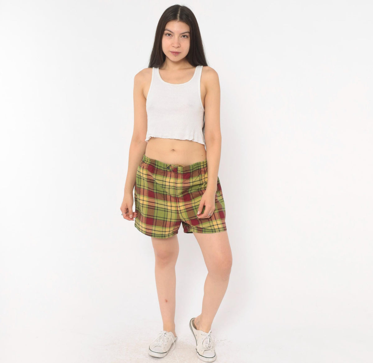 70s Plaid Swim Shorts Olive Burgundy Tartan Cotton Unisex Medium