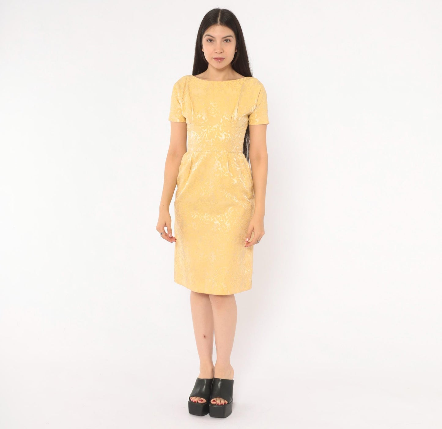 60s Gold Jacquard Sheath Dress Boat Neck Brocade Pencil Skirt Extra Small XS