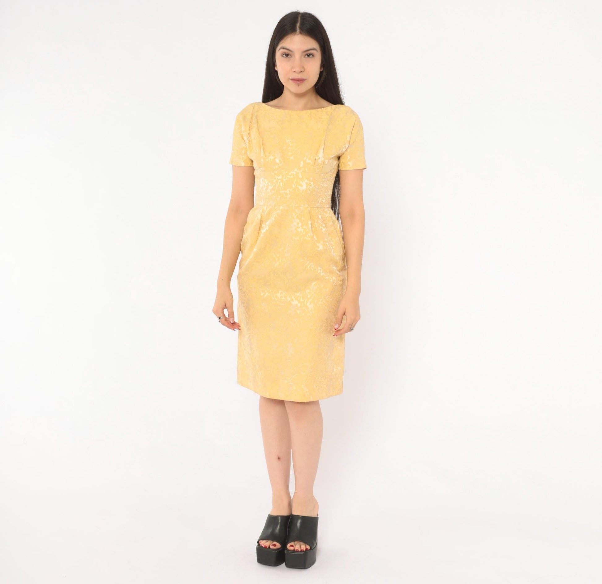 60s Gold Jacquard Sheath Dress Boat Neck Brocade Pencil Skirt Extra Small XS