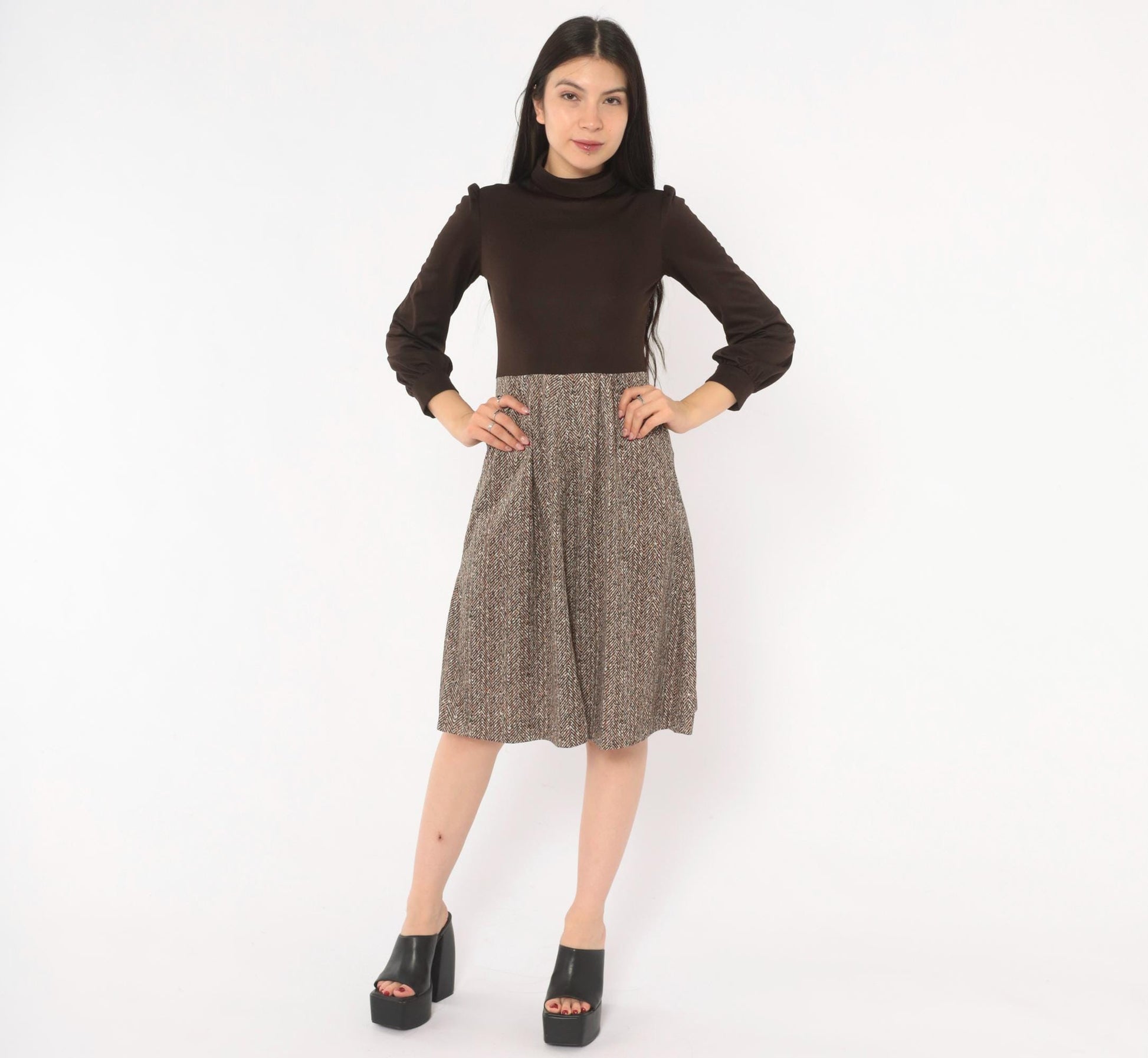 70s Brown Herringbone A-Line Dress Puff Sleeve Turtleneck Extra Small XS