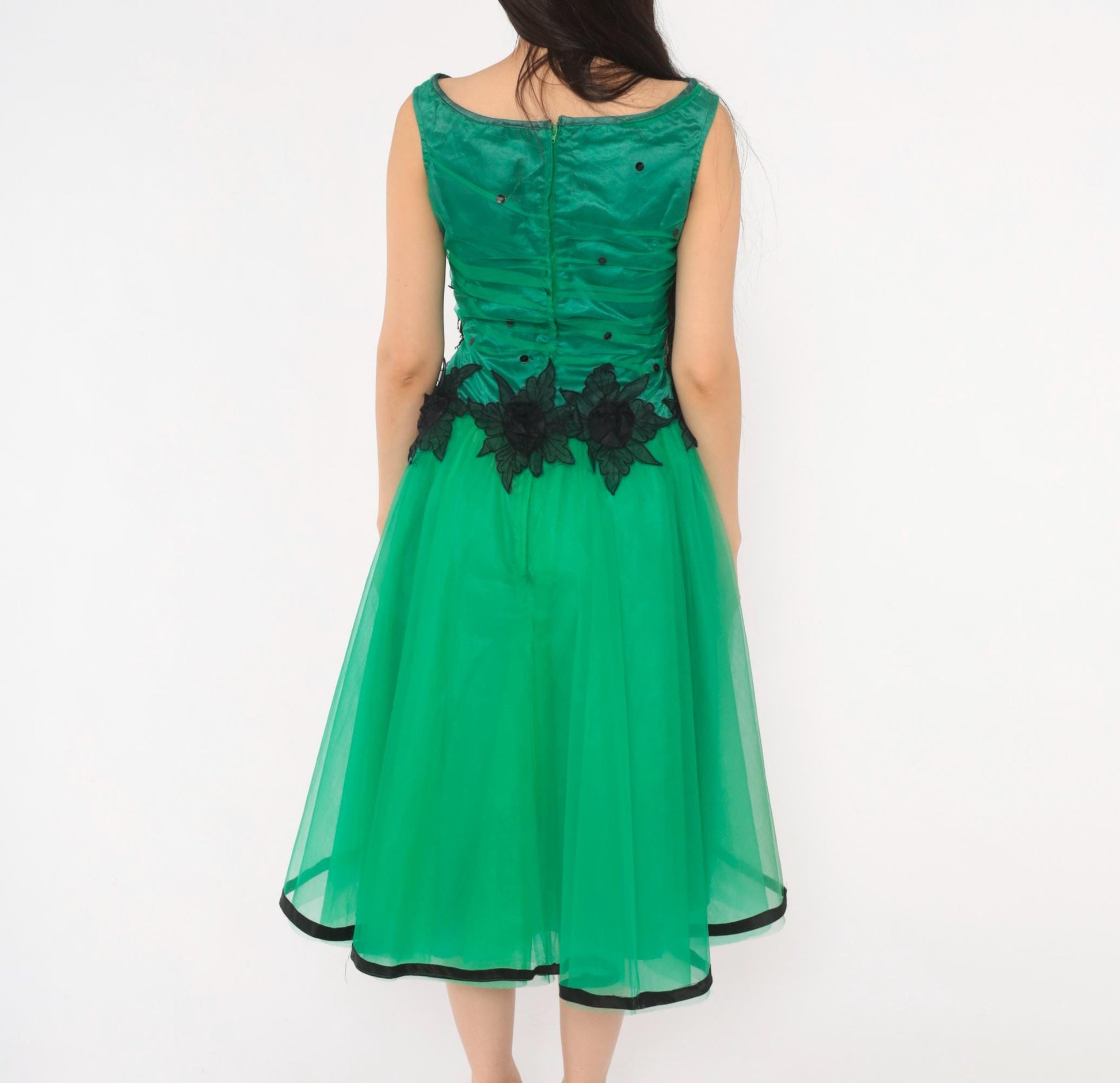 80s Emerald Green Fit Flare Party Dress Sequin Tulle High-Low Black Floral XS