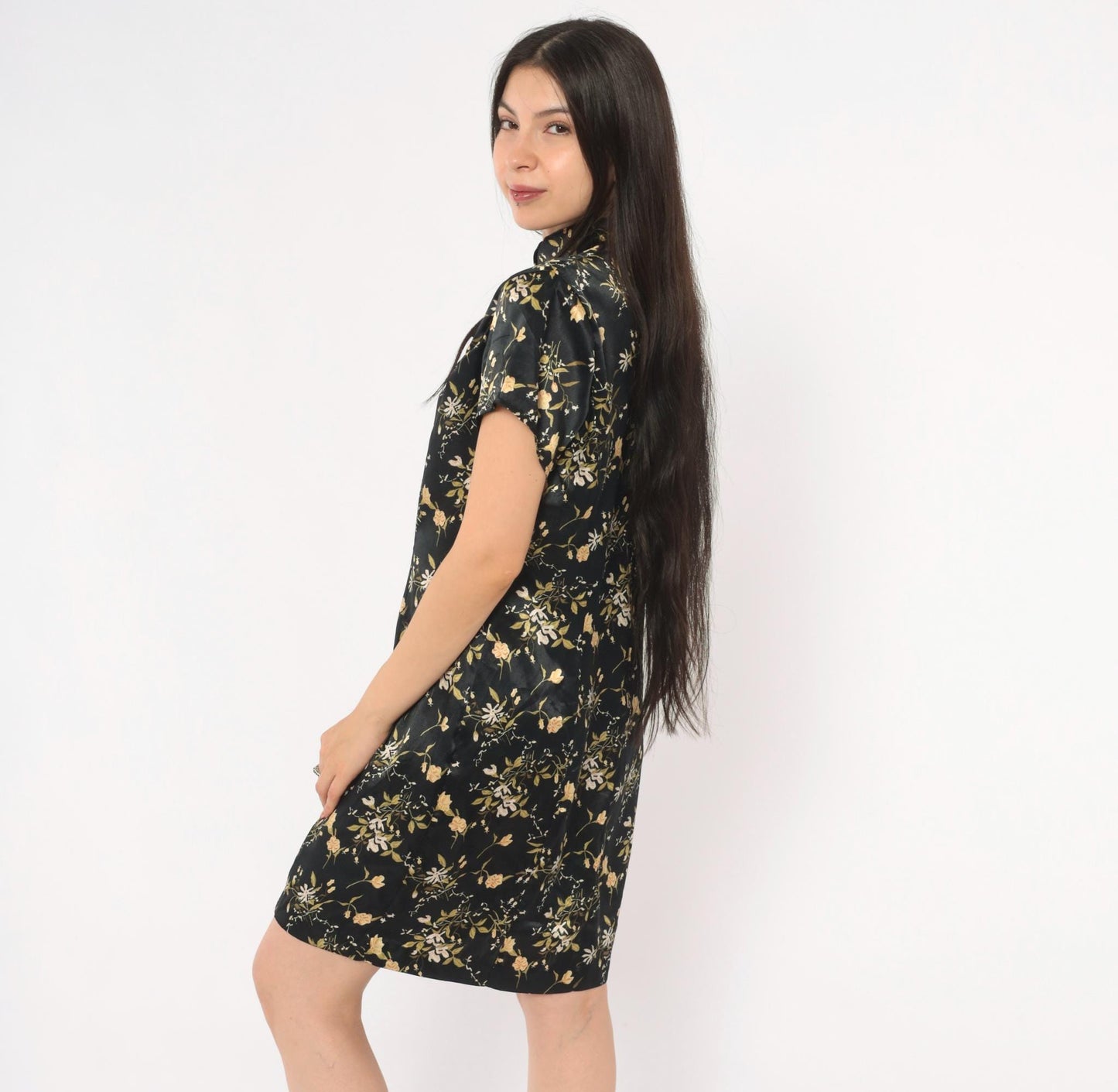 90s Dby Cheongsam Dress Black Gold Floral Brocade Mandarin Collar Mini Medium M