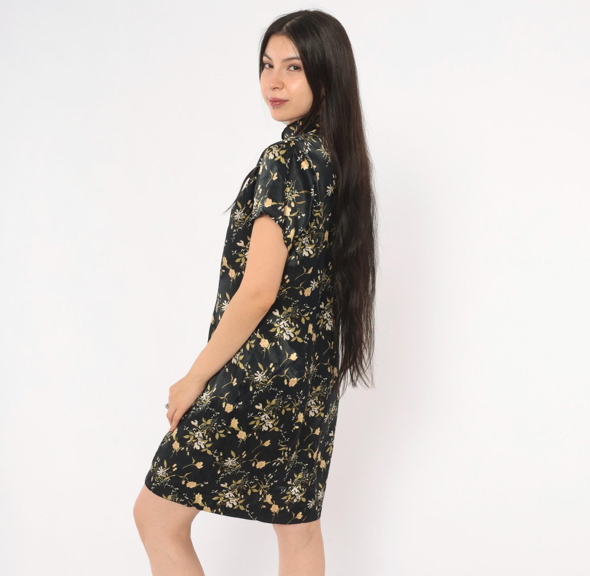90s Dby Cheongsam Dress Black Gold Floral Brocade Mandarin Collar Mini Medium M