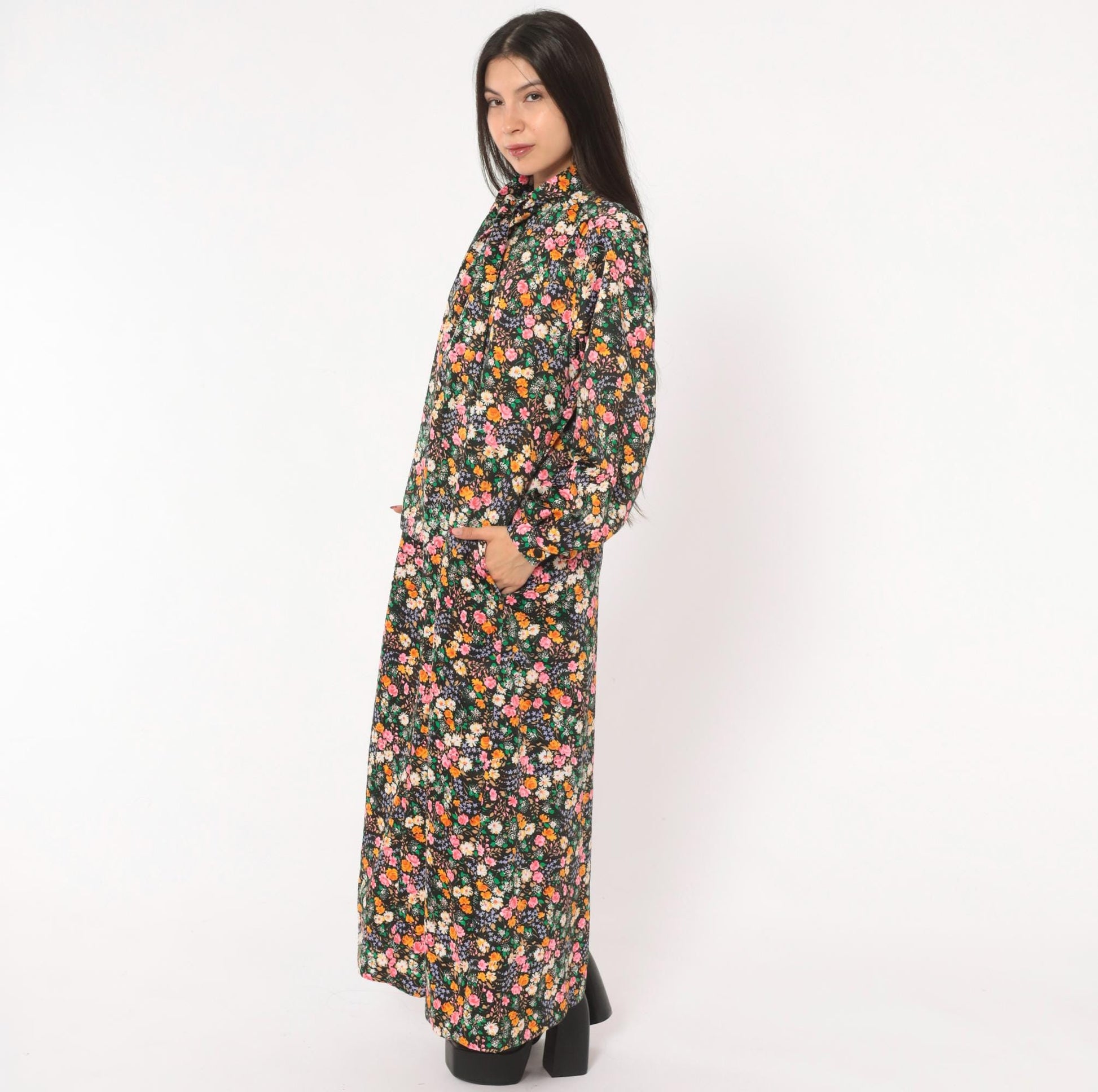 70s Atkins Black Floral Maxi Dress Bell Sleeve Bow Neck Garden Print Medium M