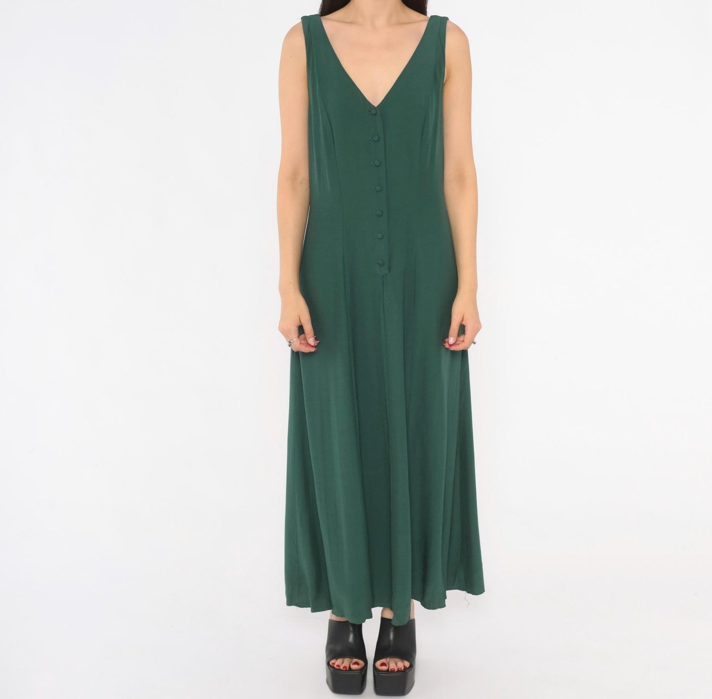 90s Olive Green Maxi Dress Sleeveless V Neck A Line Fitted Waist Medium M